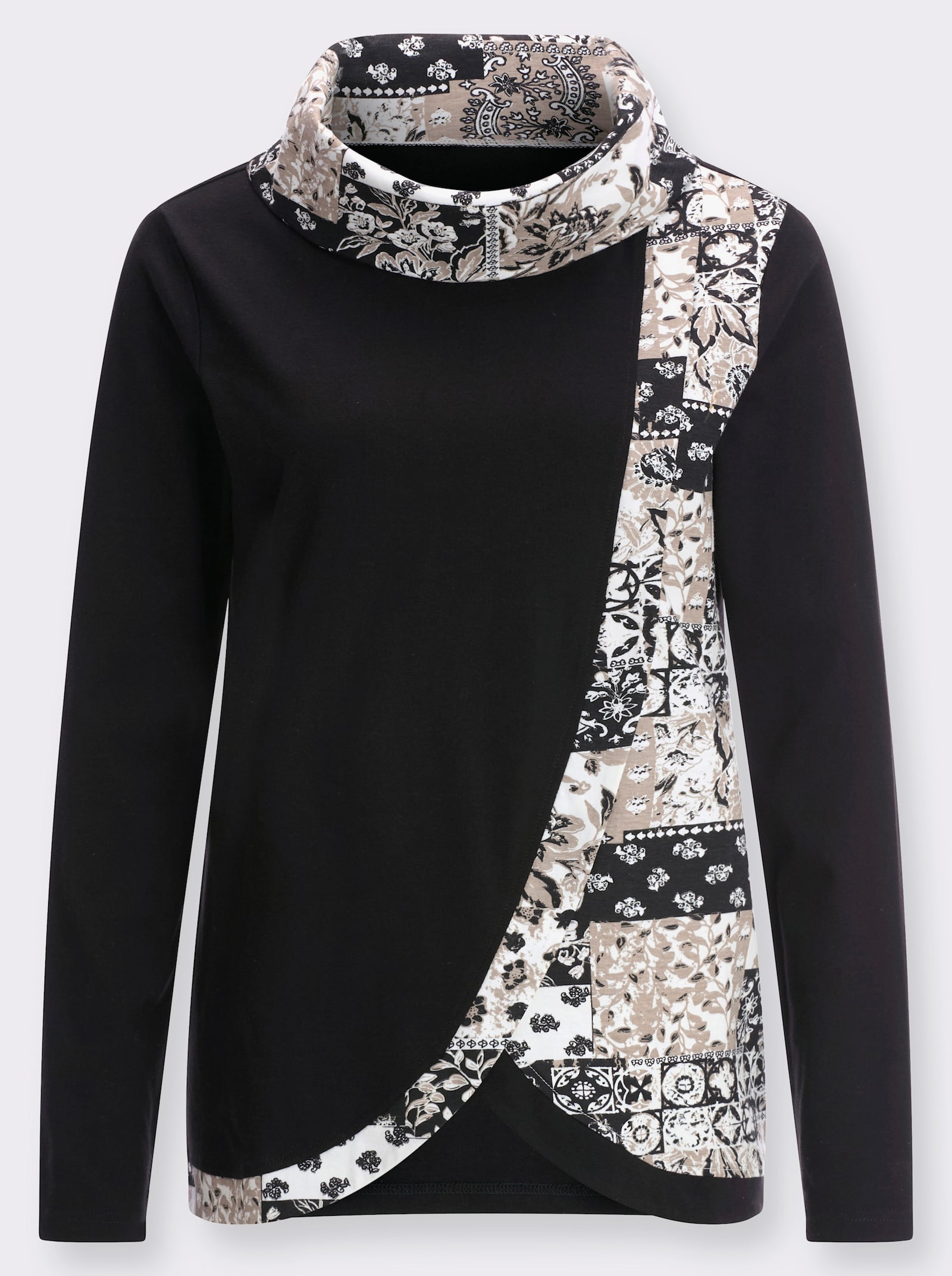 Rollkragen-Shirt - schwarz-ecru-bedruckt