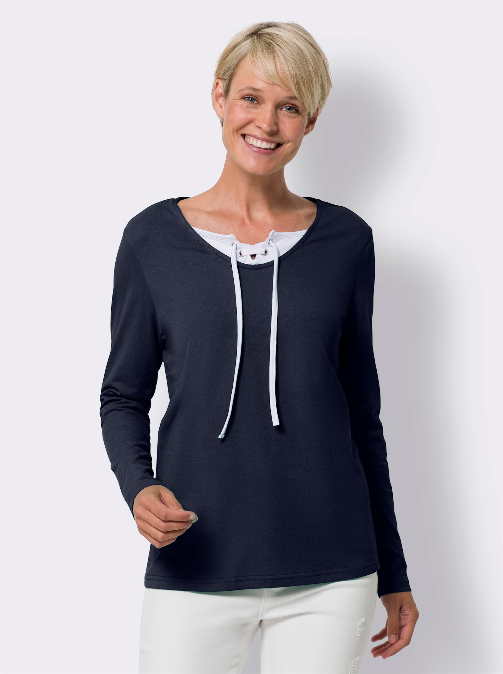 2-in-1-shirt met vetersluiting bij de hals - marine/wit