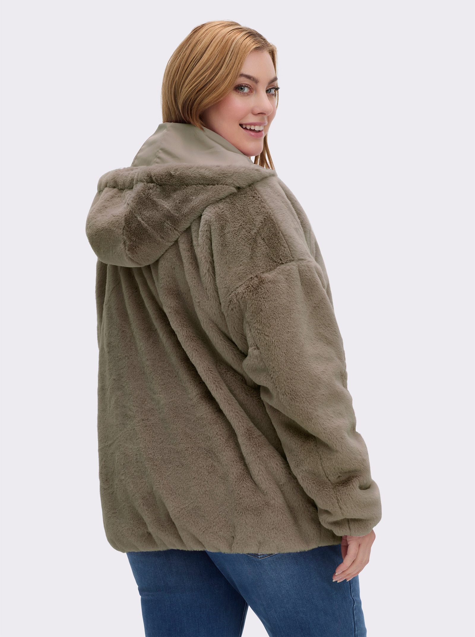 Fellimitatjacke mit Gummizug an Ärmeln und Saum - schlamm