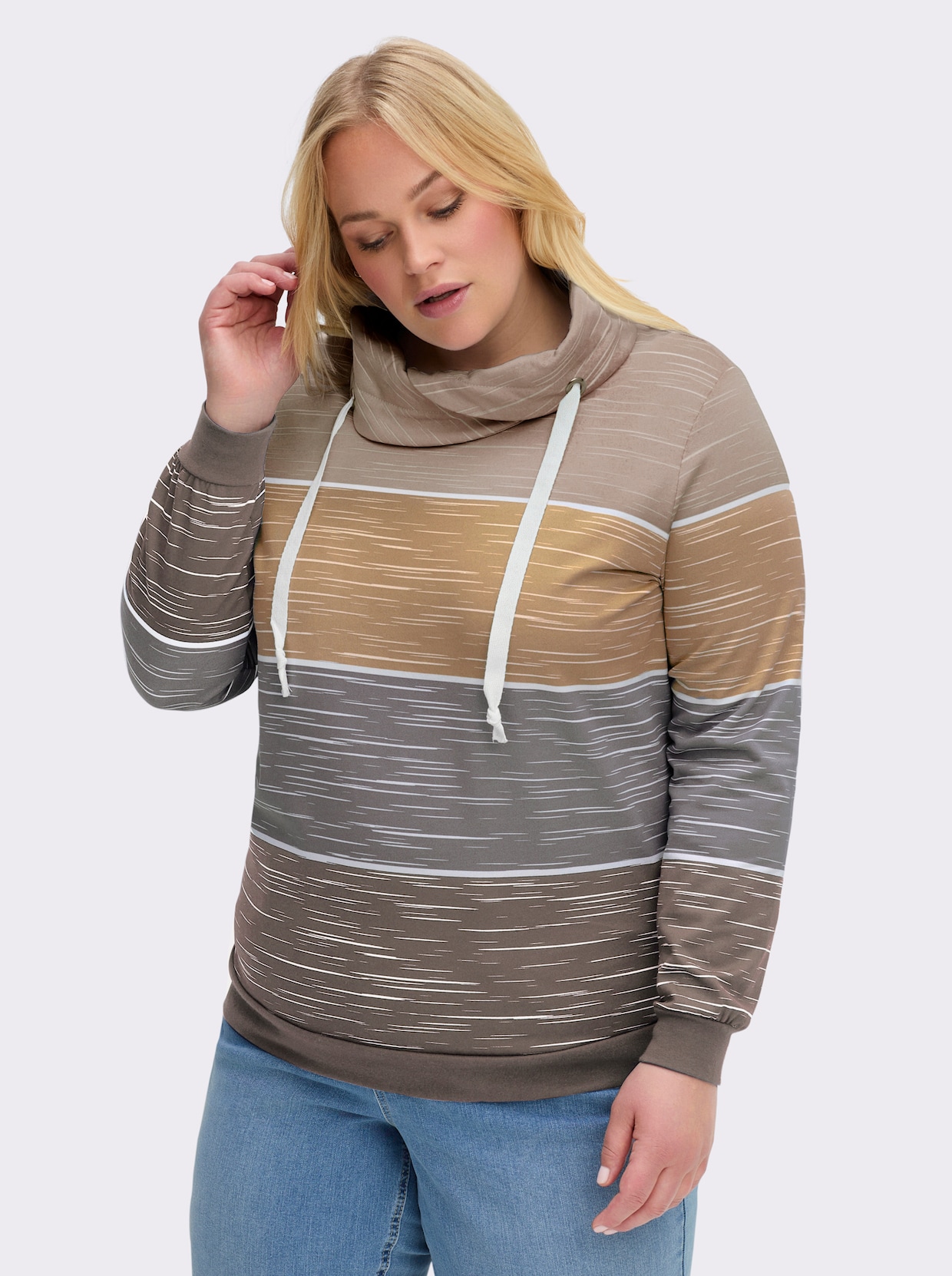 Sweatshirt mit überlappendem Rollkragen - dunkeltaupe-sesam-bedruckt