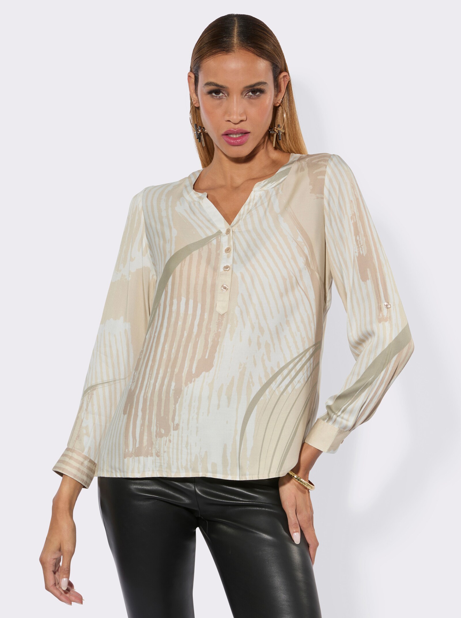 Druckbluse mit Krempelärmel - sand-beige-bedruckt