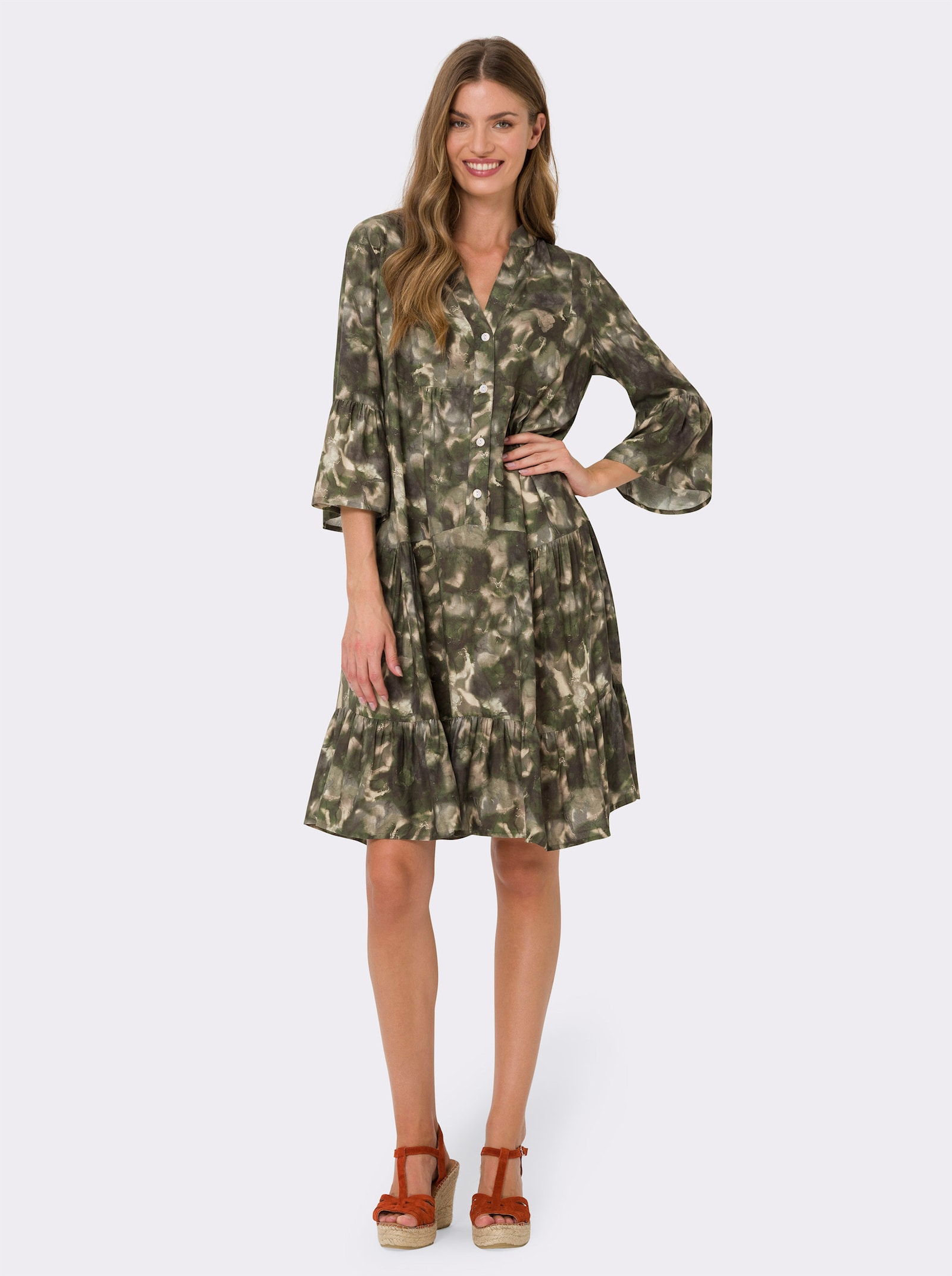 heine Druckkleid mit Volants - khaki-sand-bedruckt