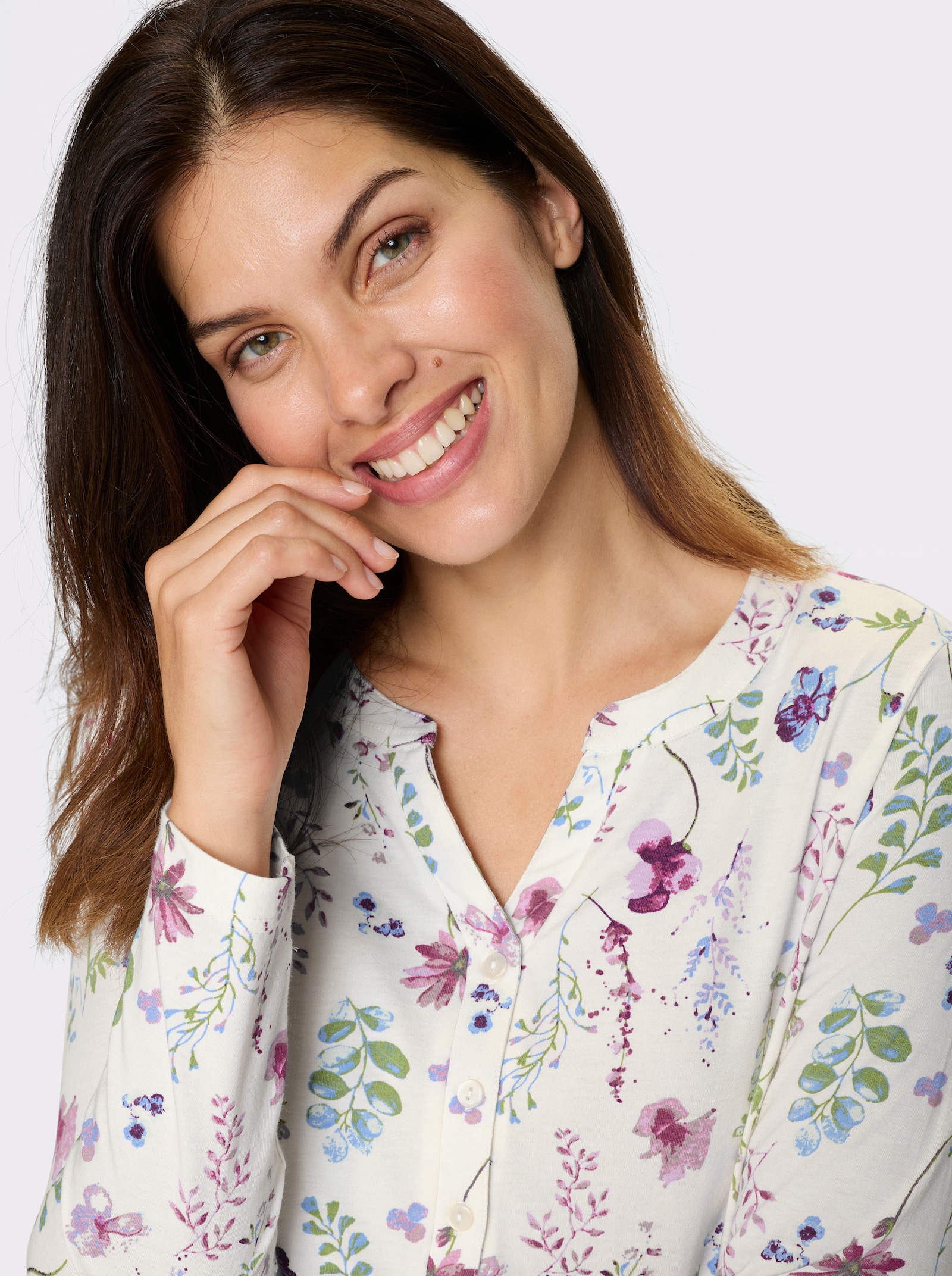 Shirt met lange mouwen en bloemenprint - ecru/heide geprint