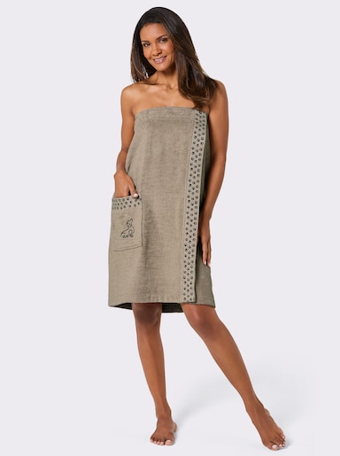 feel good Bademantel mit Dackel-Stickerei - beige-schwarz