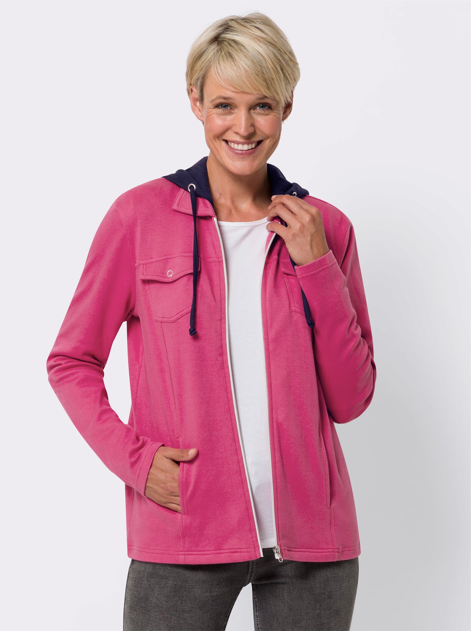 Sweatjack met vaste capuchon - fuchsia/marine
