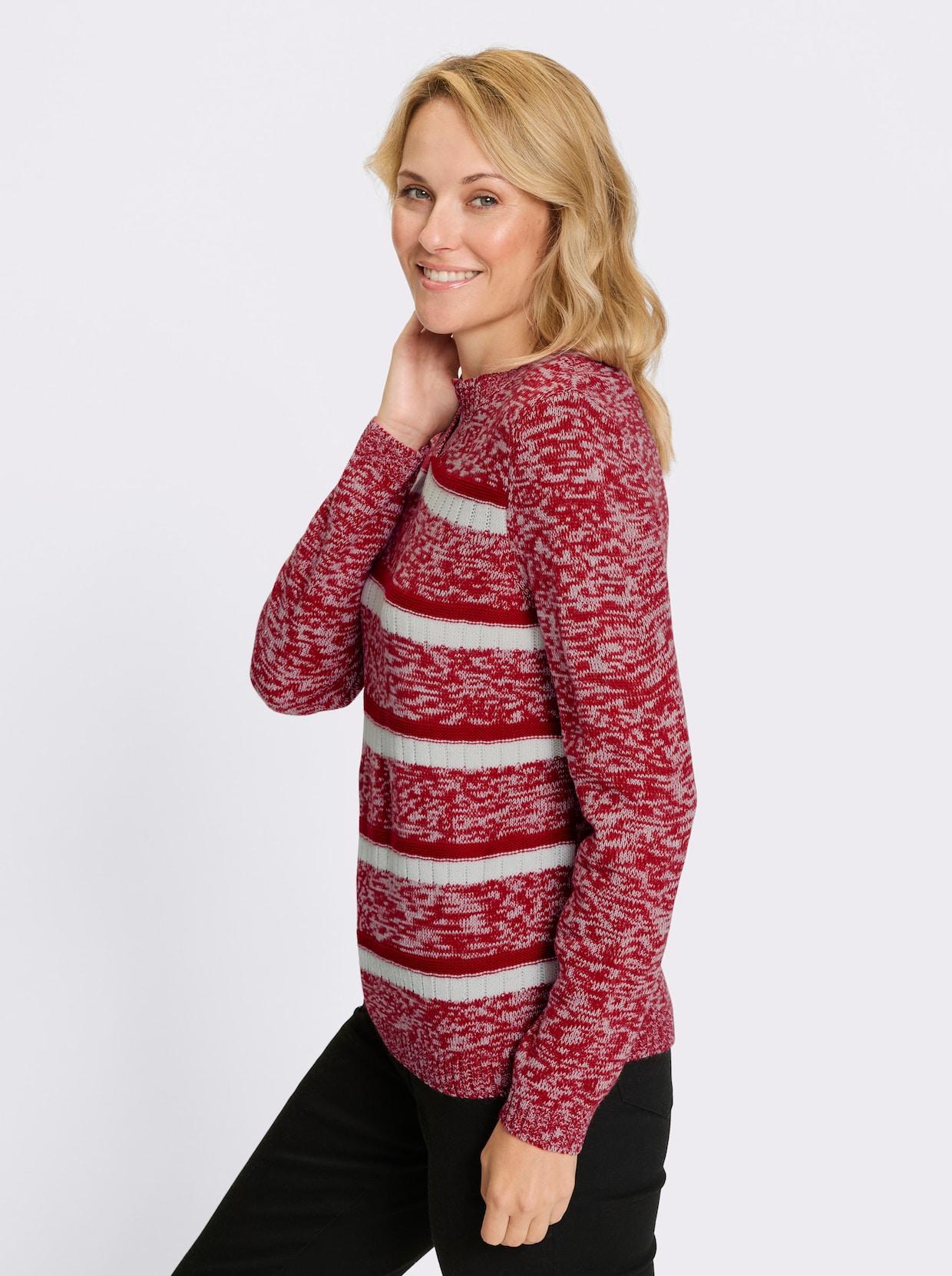 Langarm-Pullover - rot-weiß-gemustert