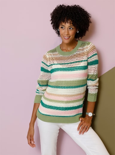 Ajourpullover mit Streifen - eucalyptus-hellrosé-geringelt