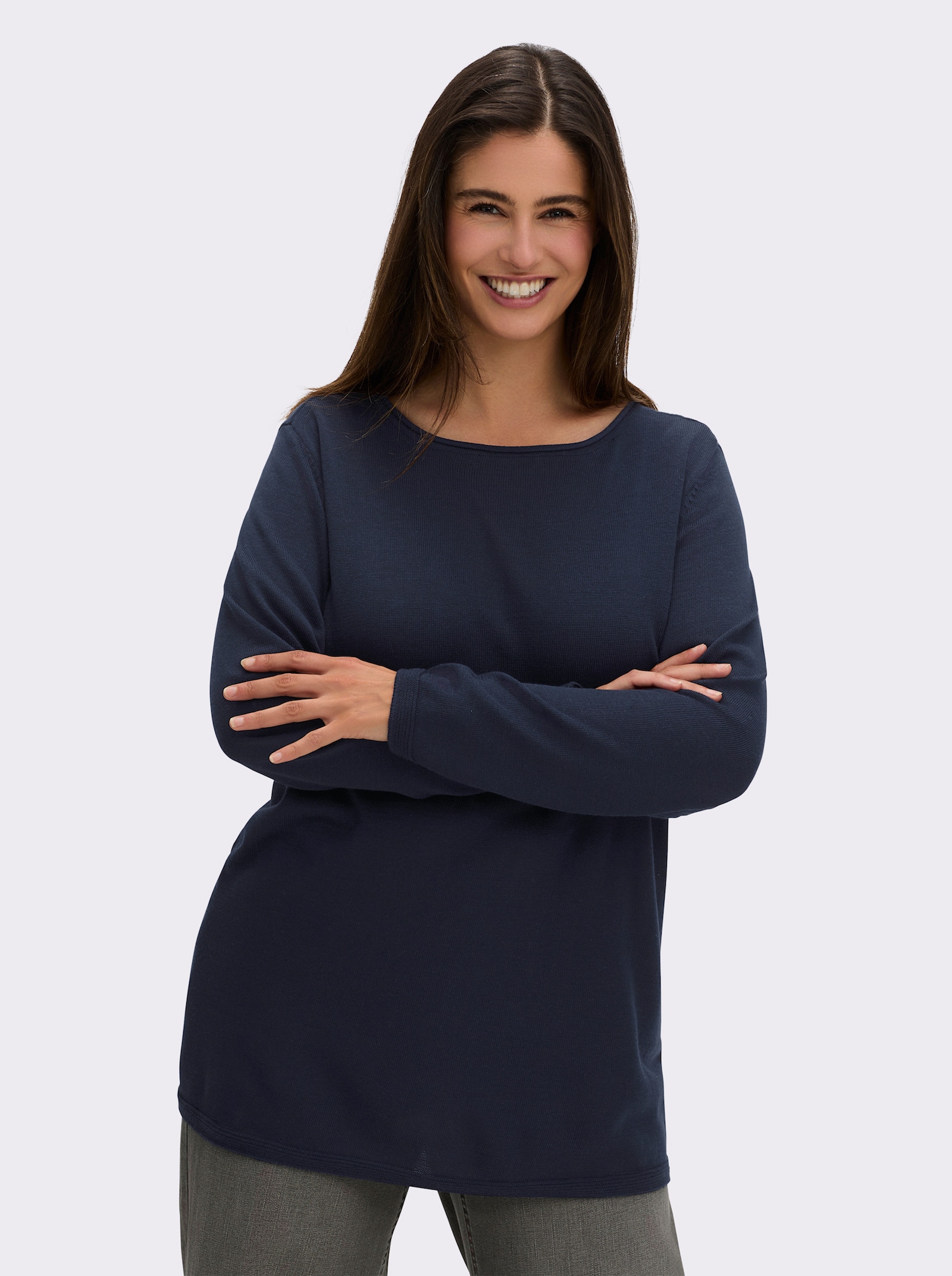 sheego Longpullover mit Leinenanteil - tiefblau