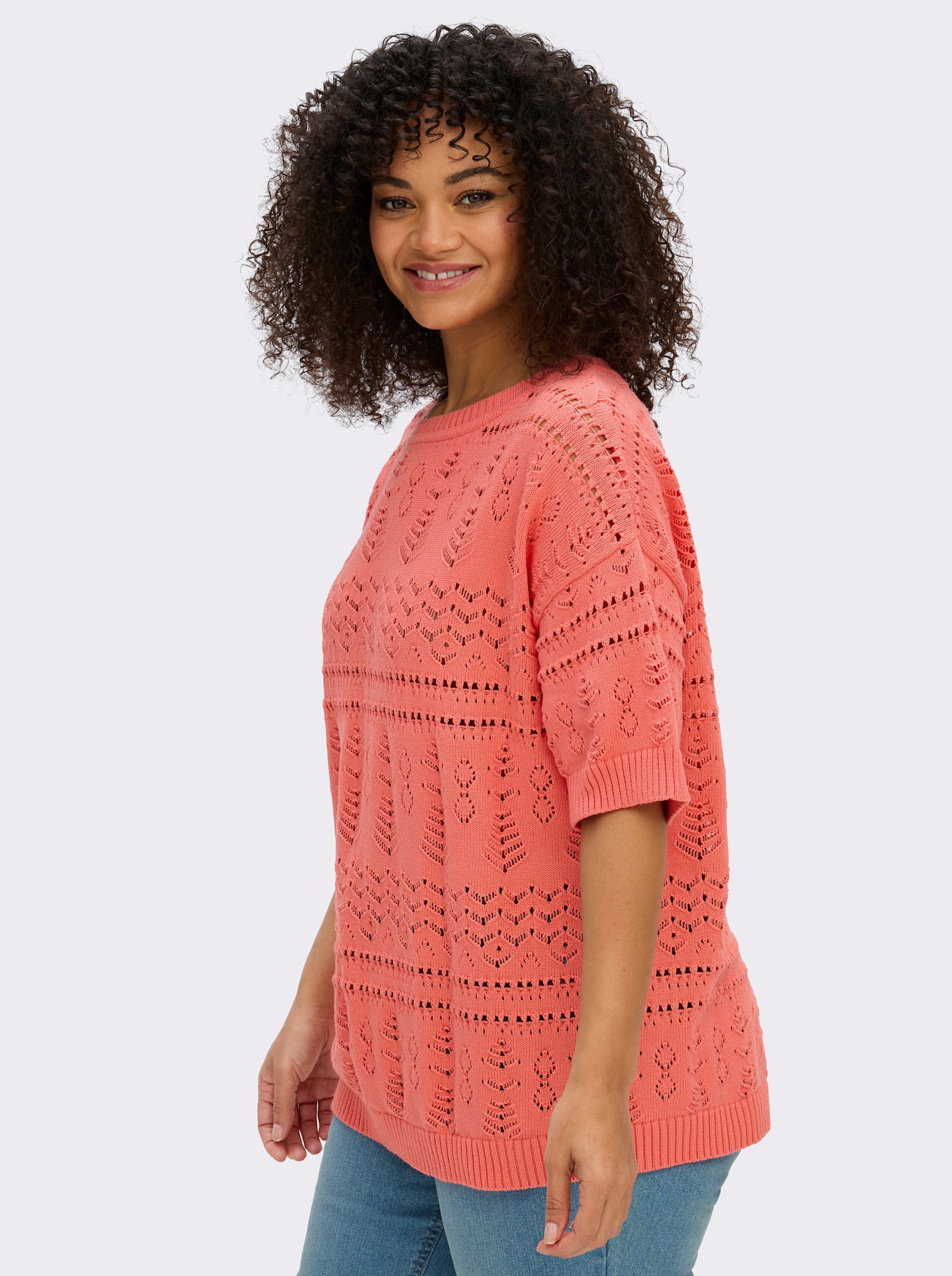 sheego Kurzarmpullover aus Ajourstrick - koralle