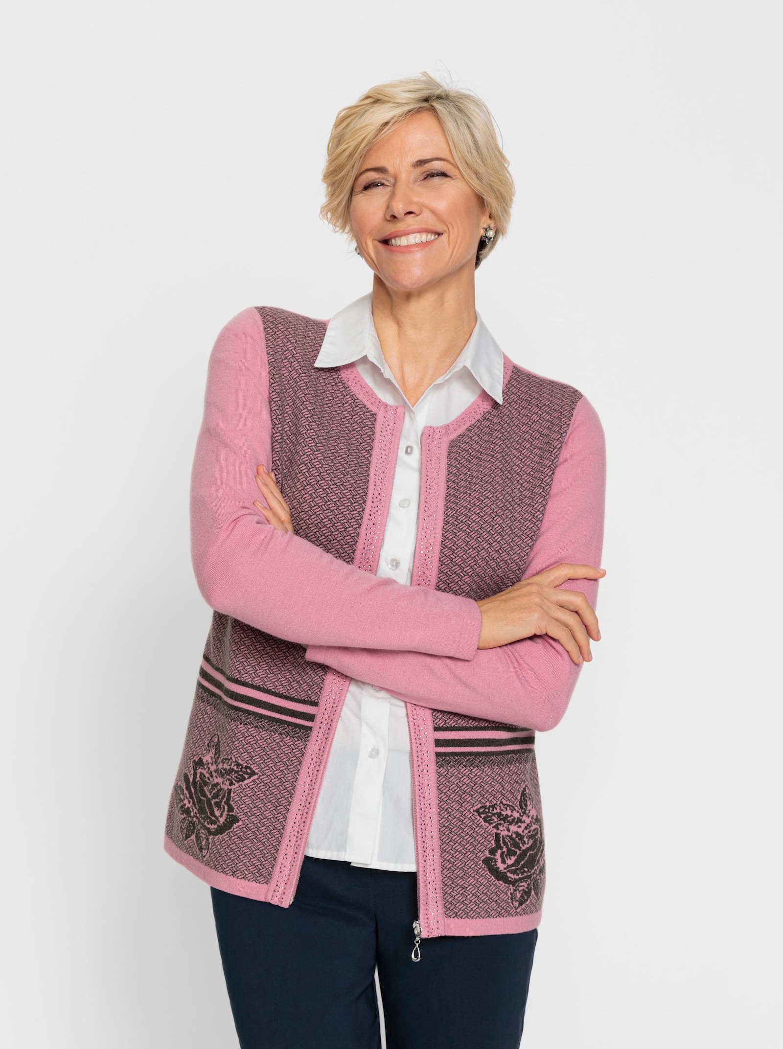 Vest van jacquard met glittersteentjes - oudroze-grafiet print