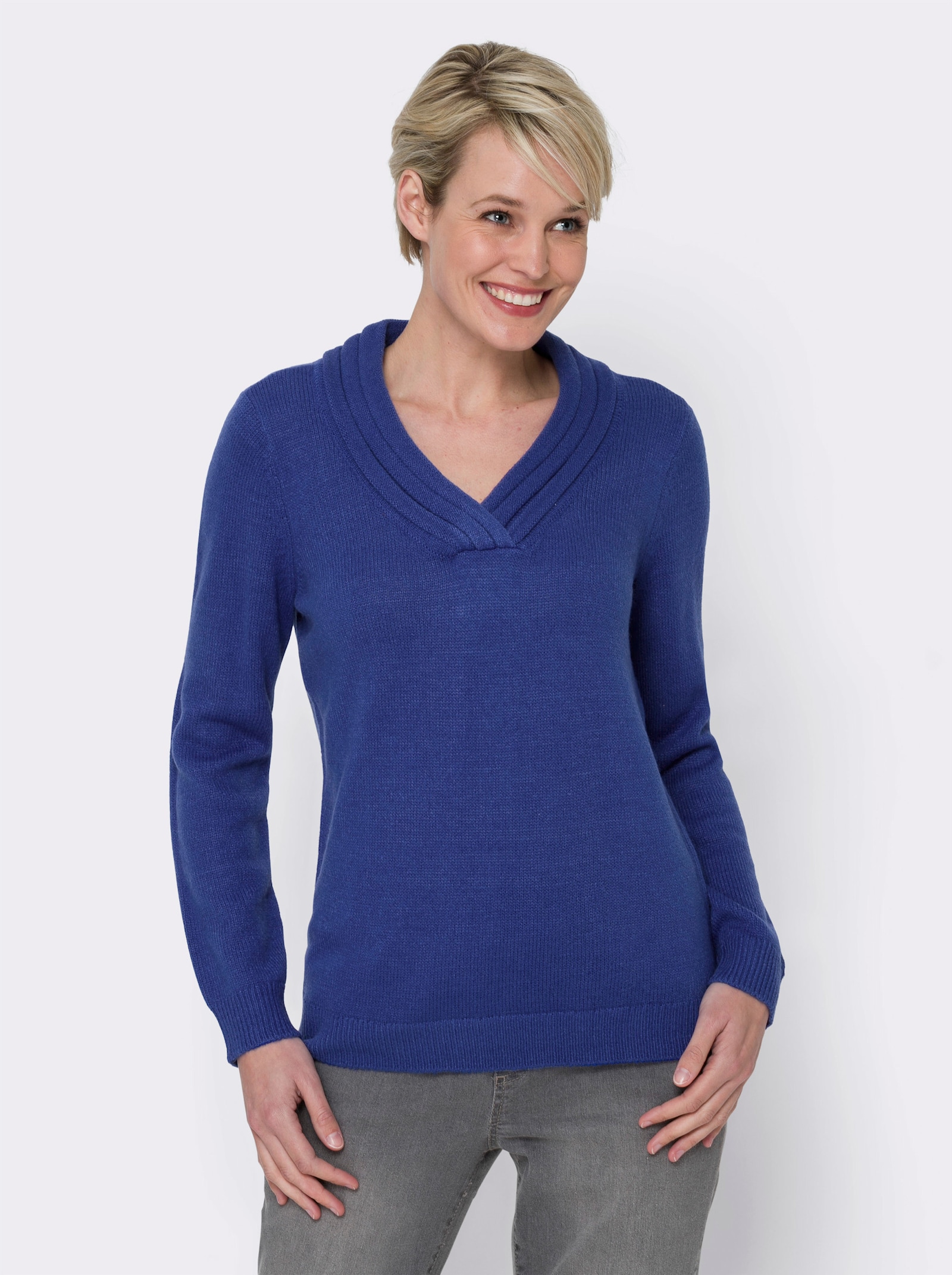 V-Ausschnitt-Pullover mit Rollkante - royalblau