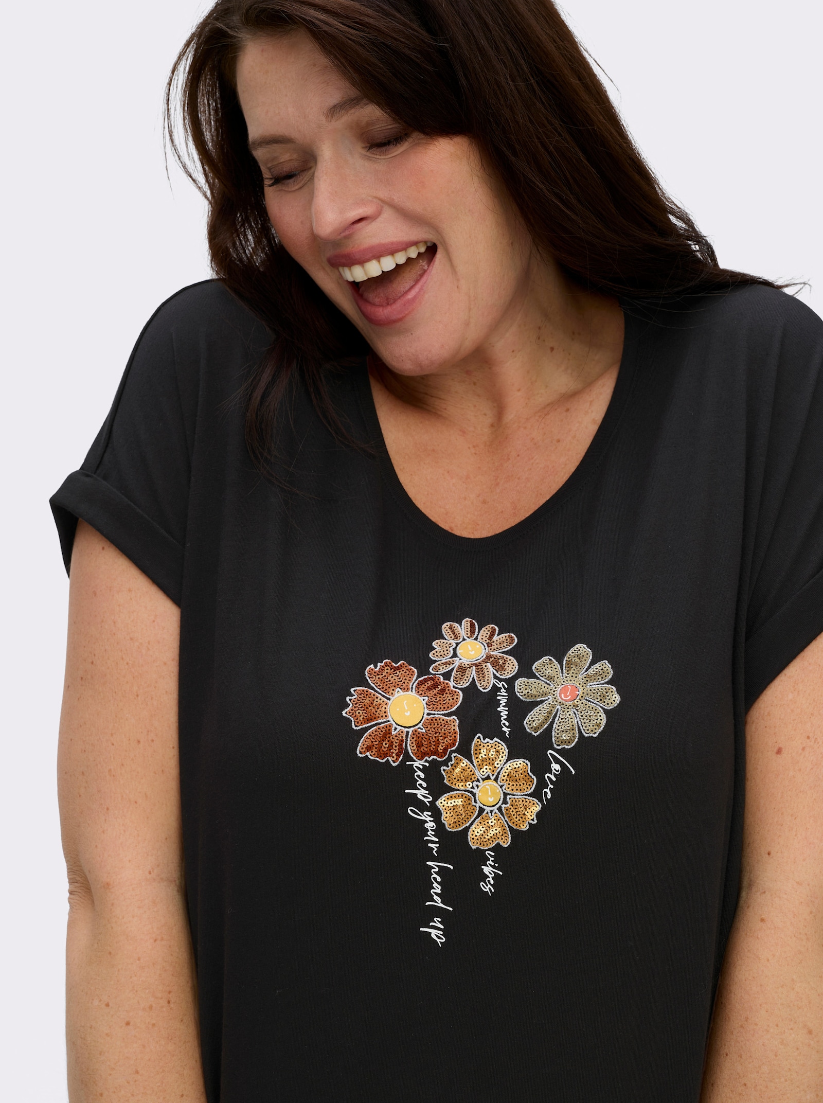 Rundhalsshirt mit Pailletten-Blüten - schwarz