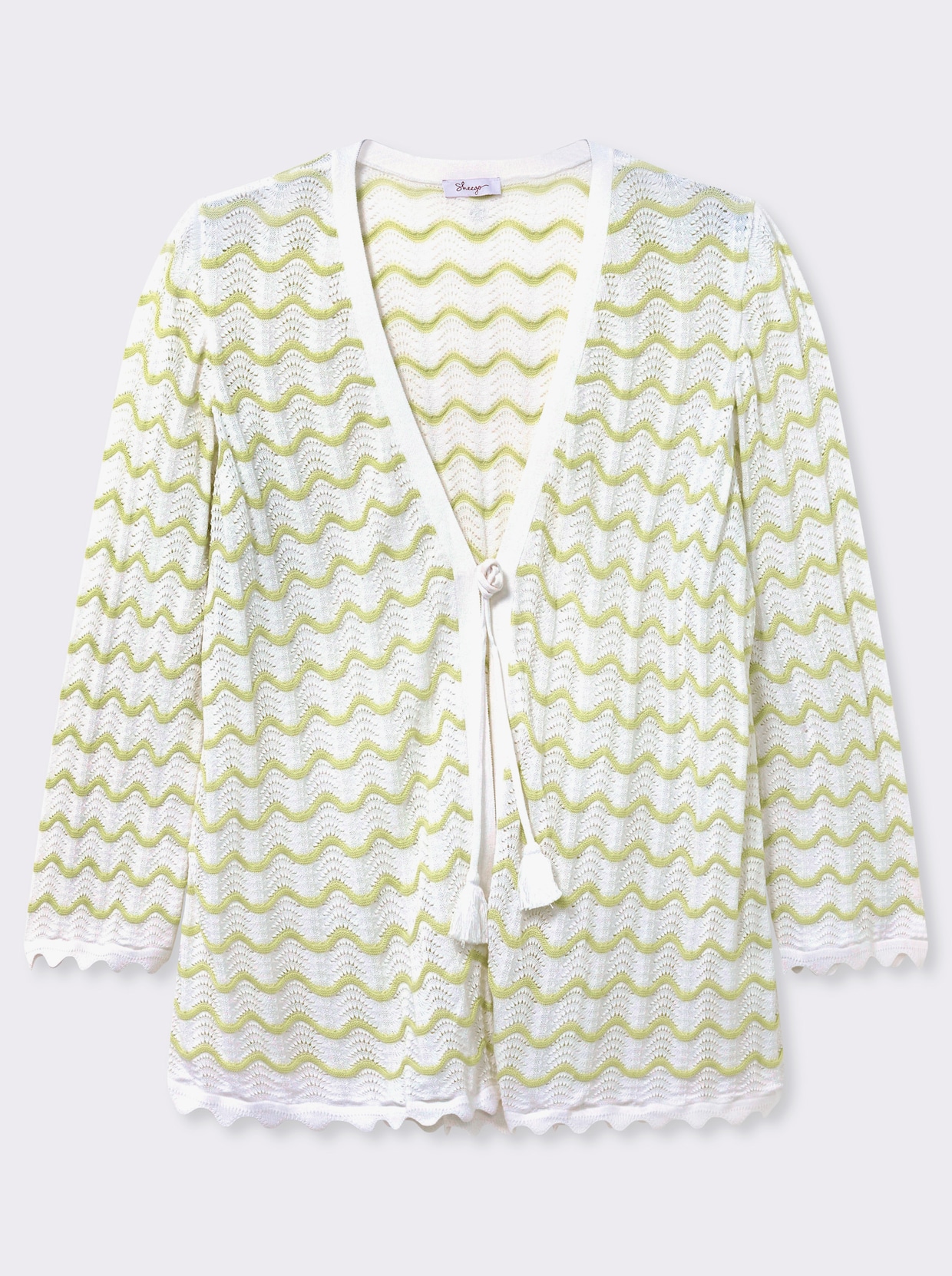 sheego Ajourstrickjacke mit Wellenmuster - ecru-pistazie