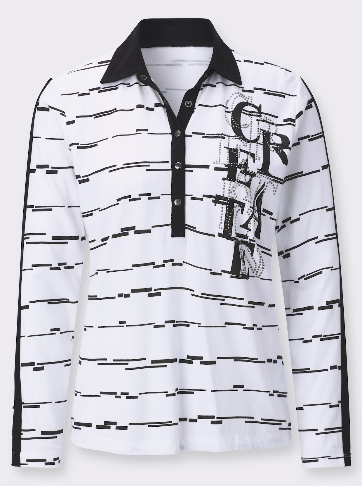Poloshirt mit glänzenden Ziersteinchen - weiß-schwarz-geringelt