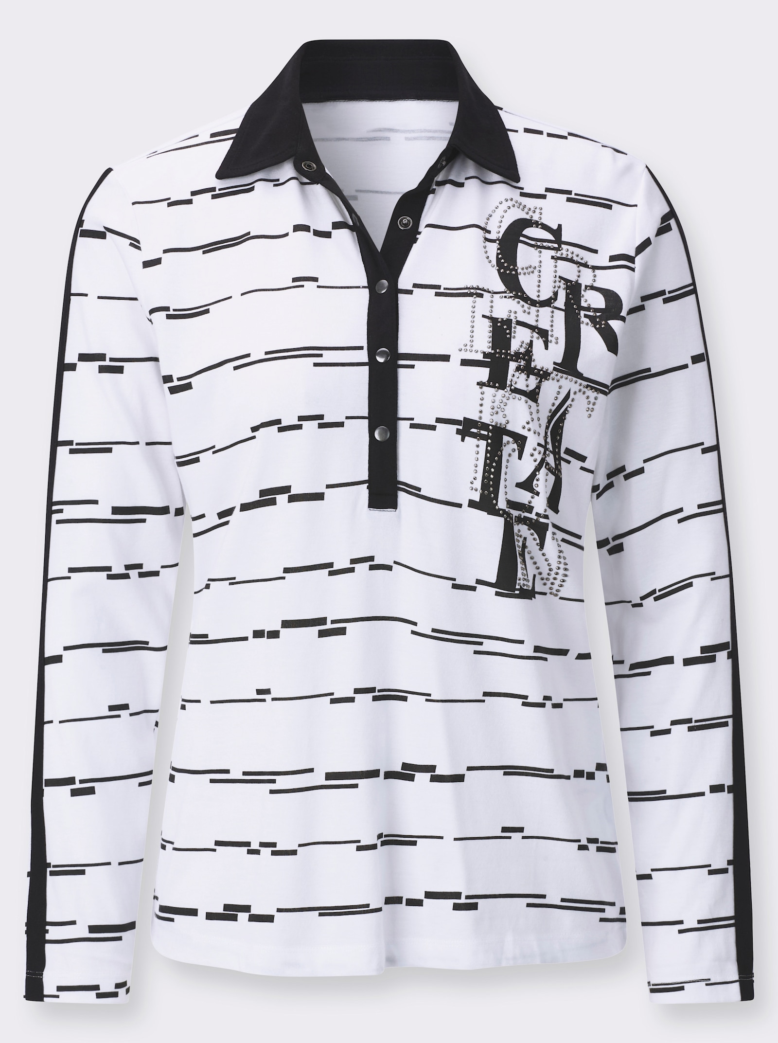 Poloshirt mit glänzenden Ziersteinchen - weiß-schwarz-geringelt