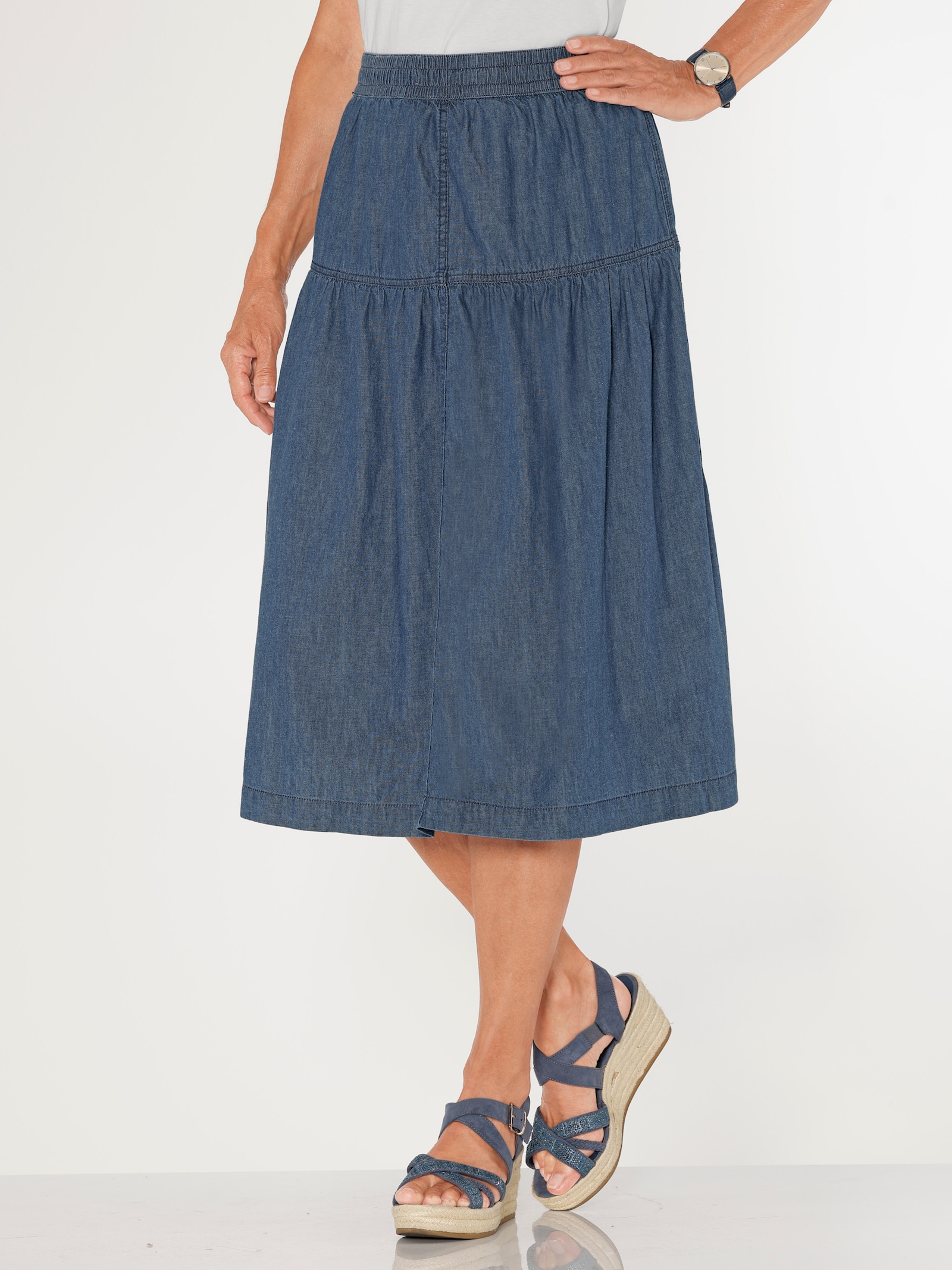 Jeansrock mit Rundum-Dehnbund - blue-bleached + blue-stone-washed