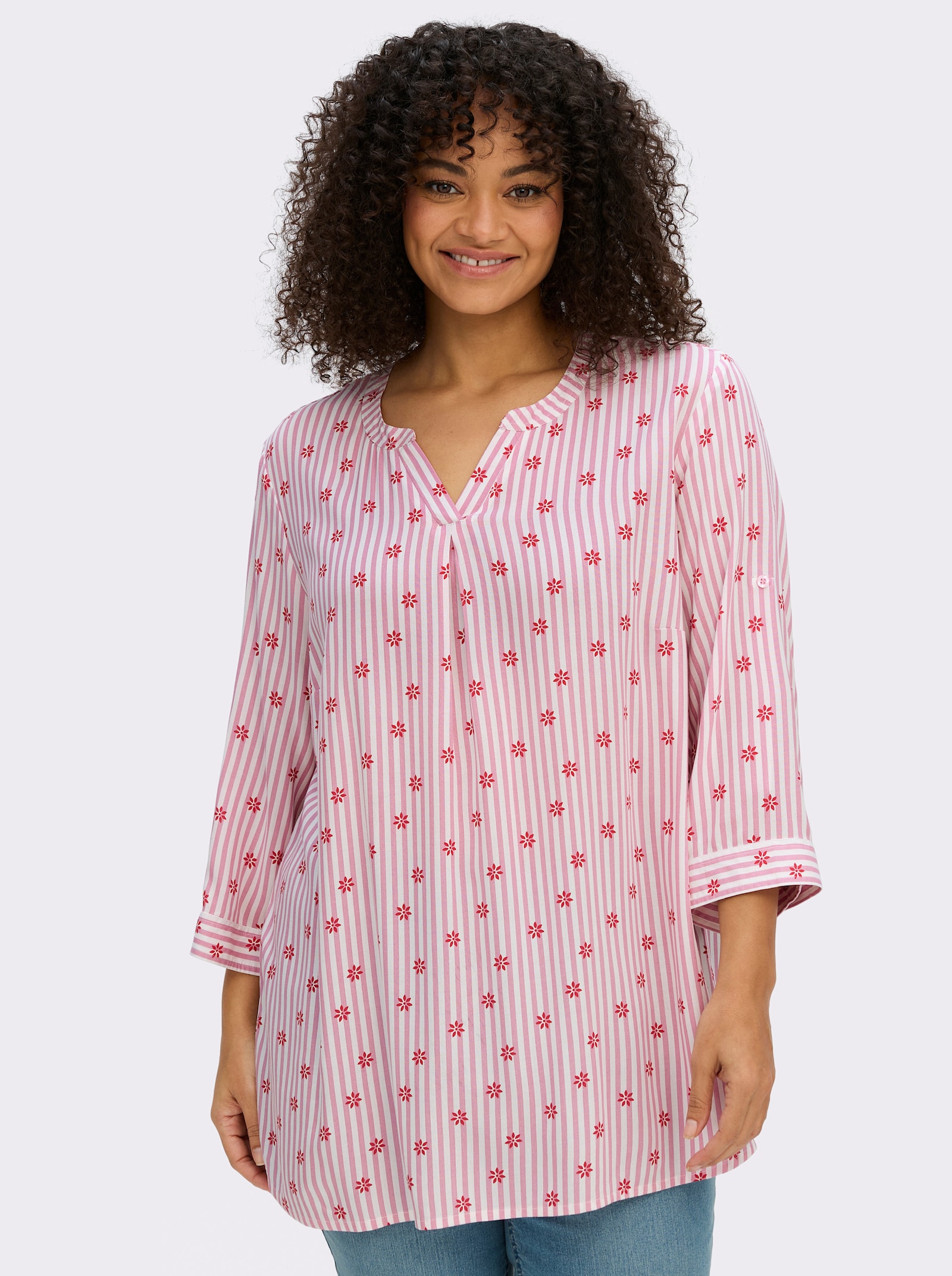 sheego Tunika im Mustermix aus Streifen und Blüten - altrosa-ecru-gestreift