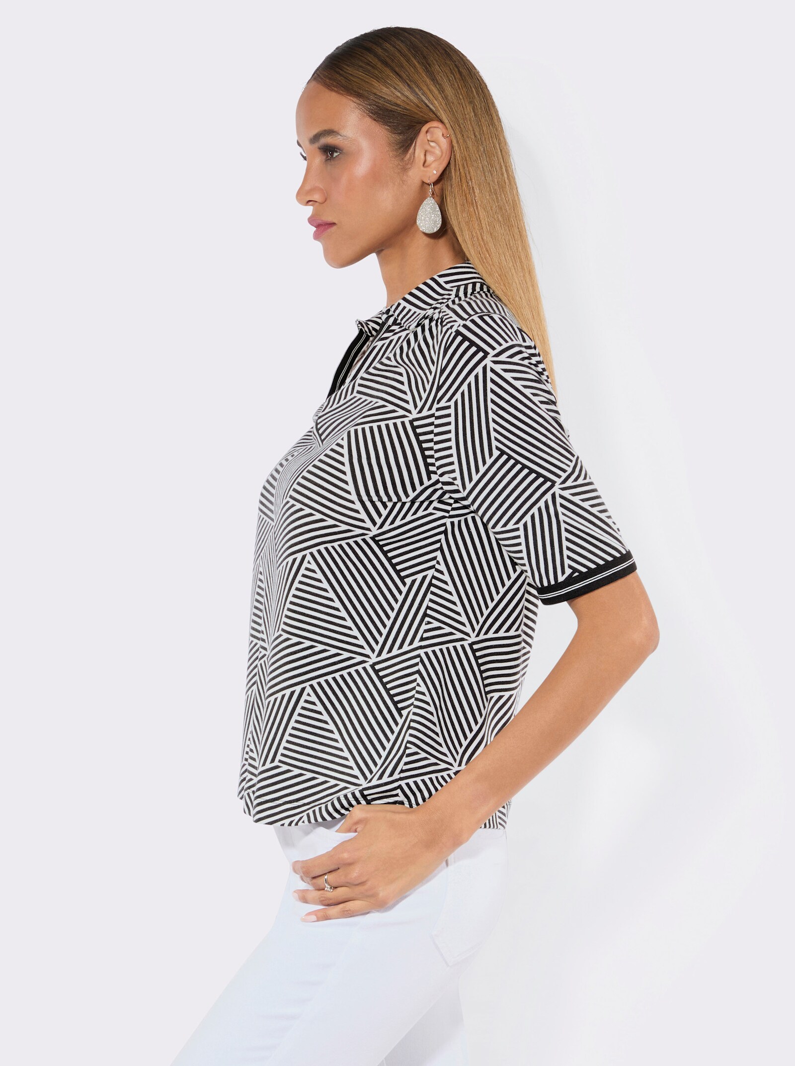 Poloshirt mit Ripsband - ecru-schwarz-bedruckt