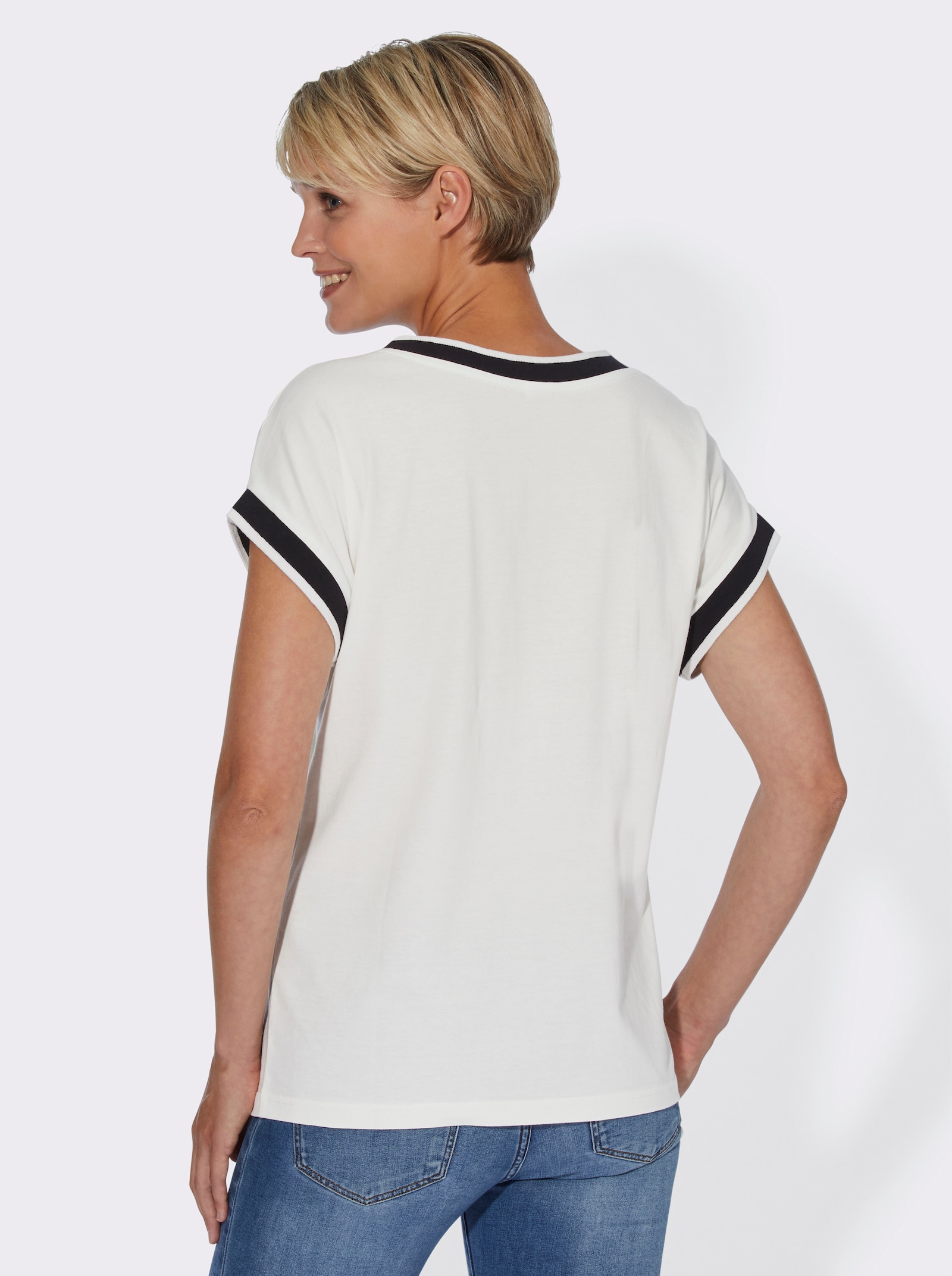 Kurzarmshirt mit Zierband - ecru