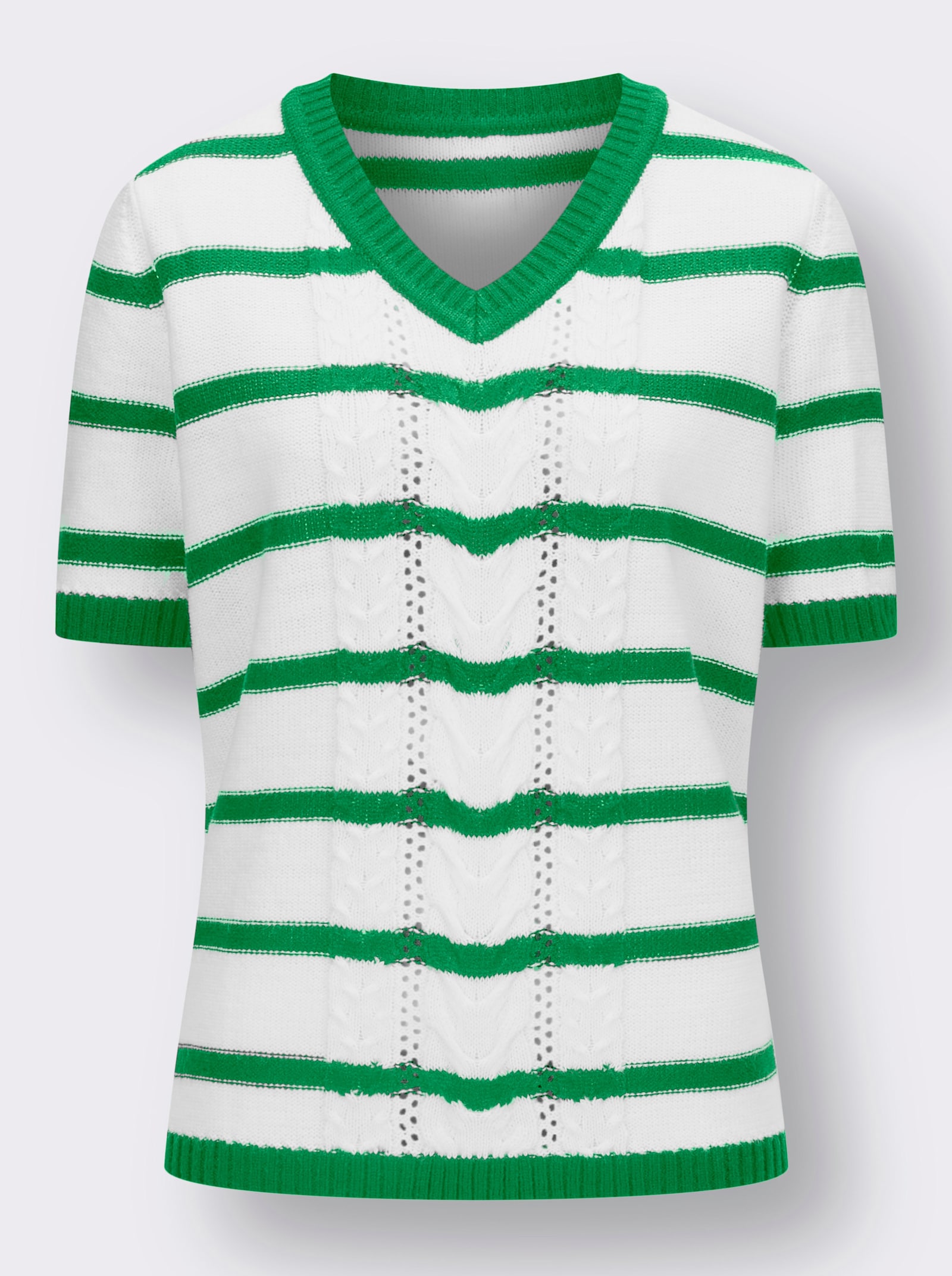 Pullover met korte mouwen en kabelpatroon - grasgroen/wit gestreept