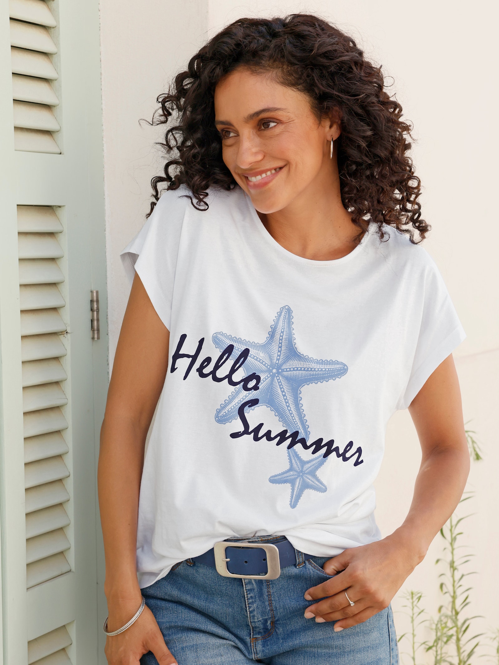 Shirt mit Schriftzug - weiß-marine-bedruckt