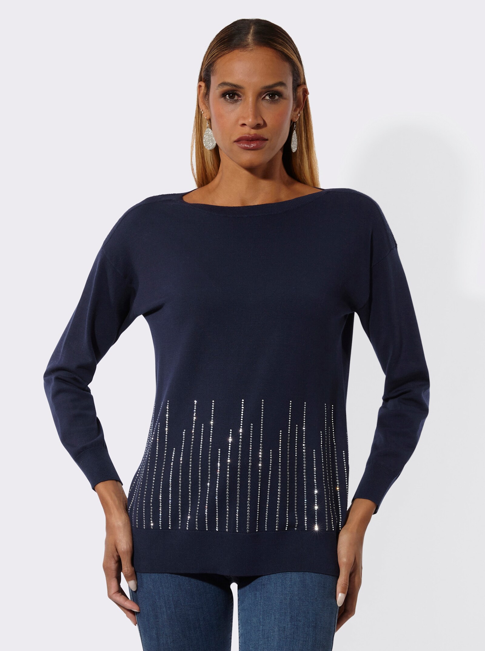 Langarm-Pullover mit U-Boot-Ausschnitt - marine