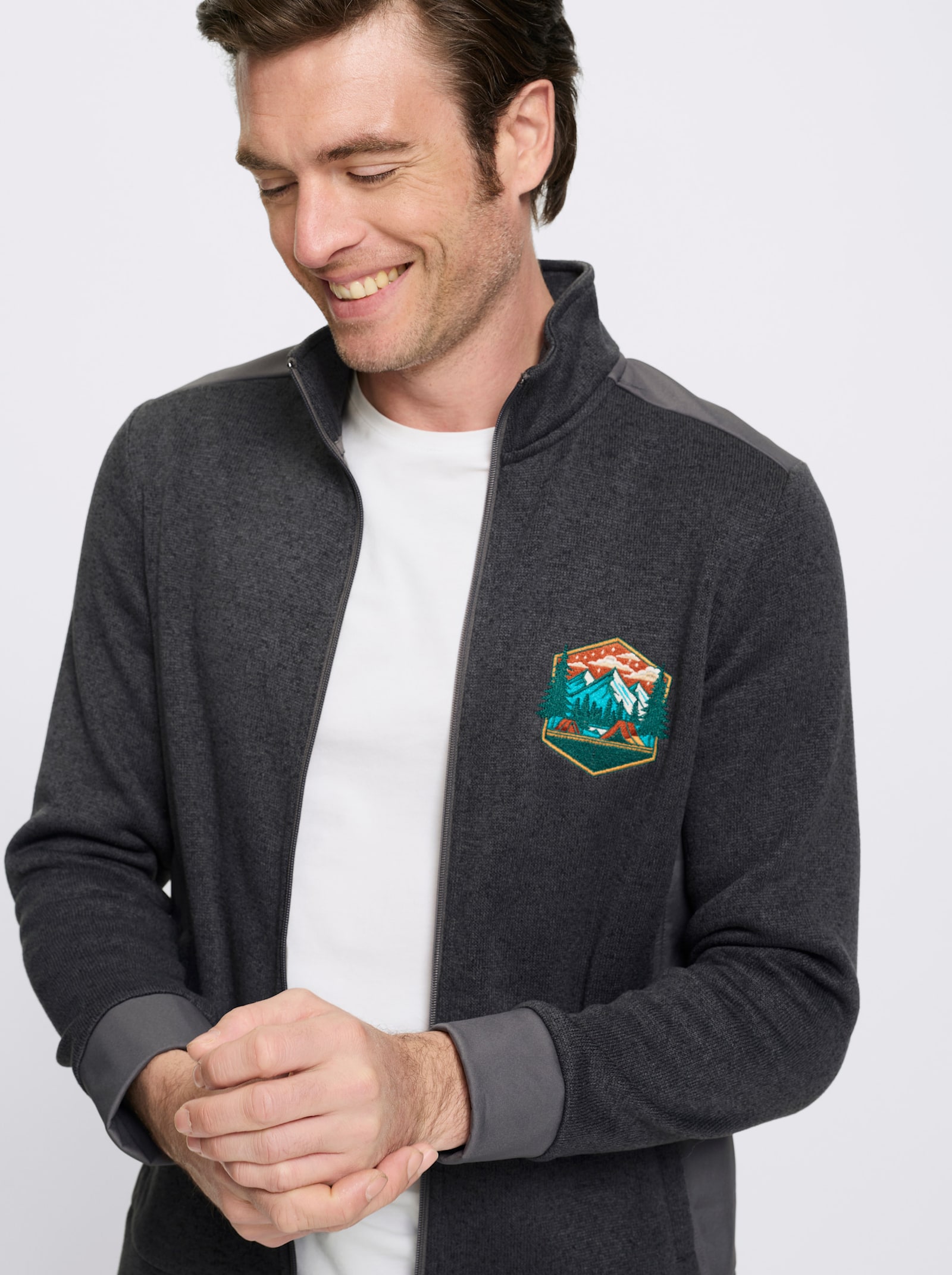 Catamaran Strickfleecejacke mit Stickerei - graphit-grau-meliert