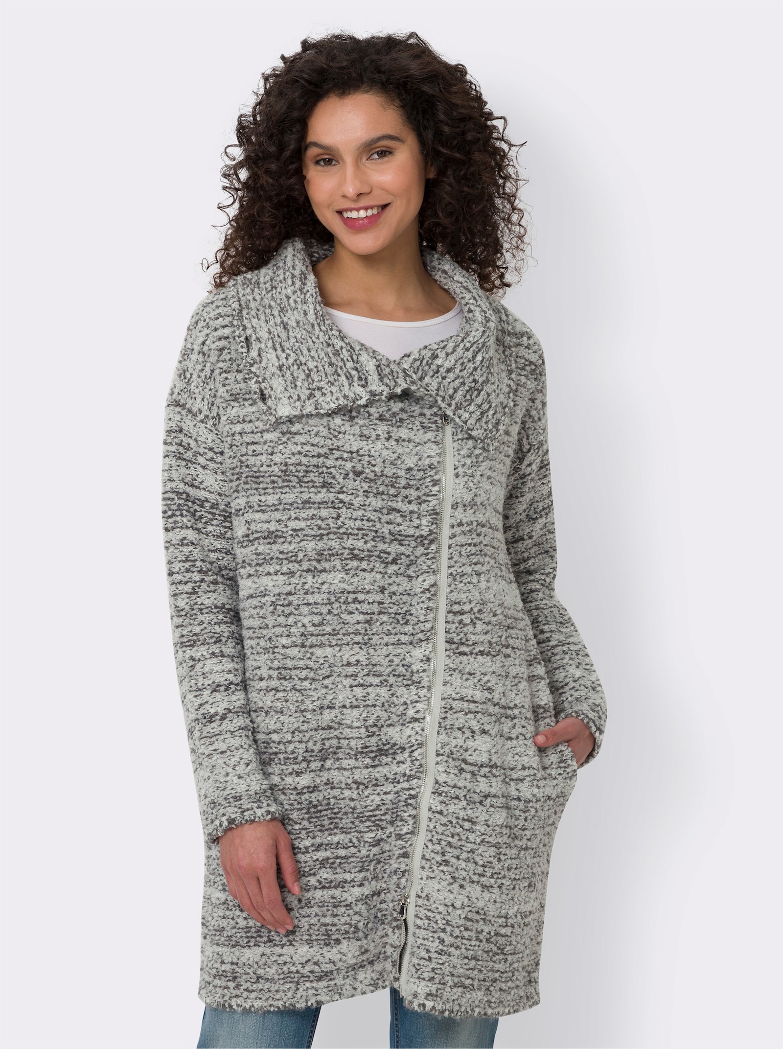 heine Gebreide mantel met satijnen paspel - lichtgrijs/antraciet gemêleerd