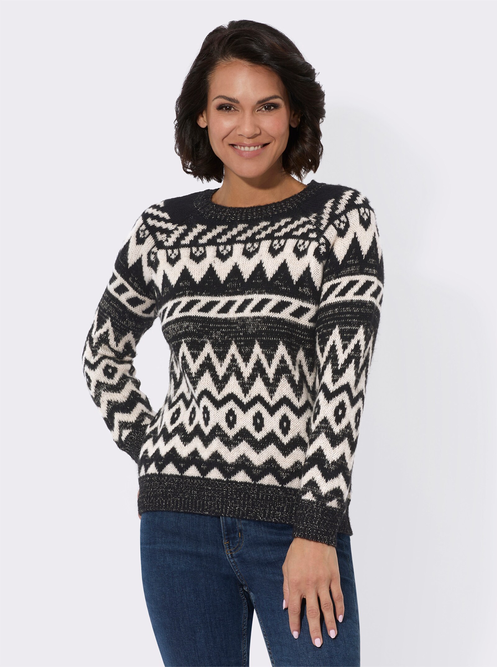 Norwegerpullover mit Rundhals-Ausschnitt - elfenbein-schwarz-gemustert