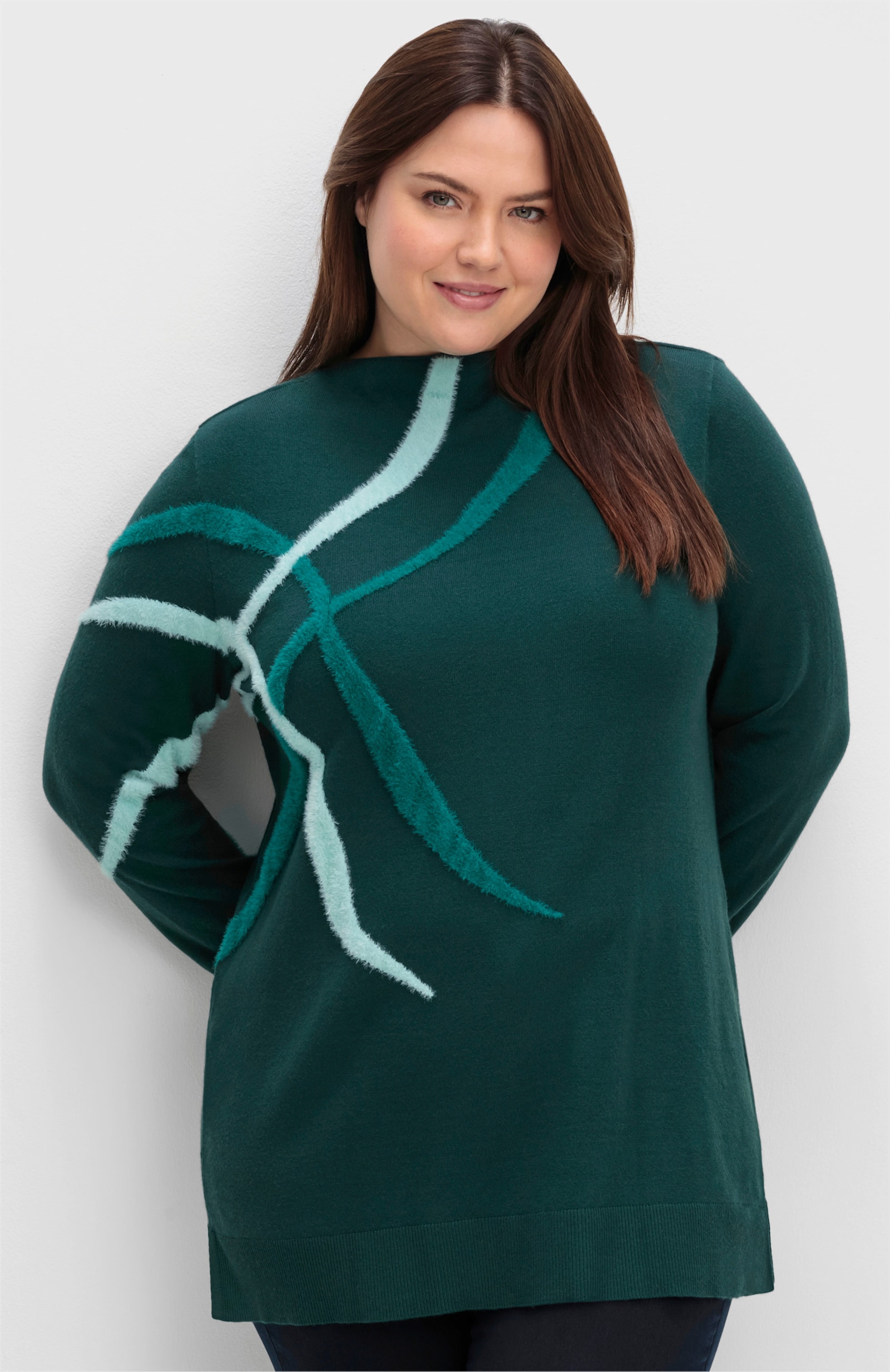 sheego Feinstrickpullover mit Intarsien aus Flauschgarn - tiefgrün-gemustert