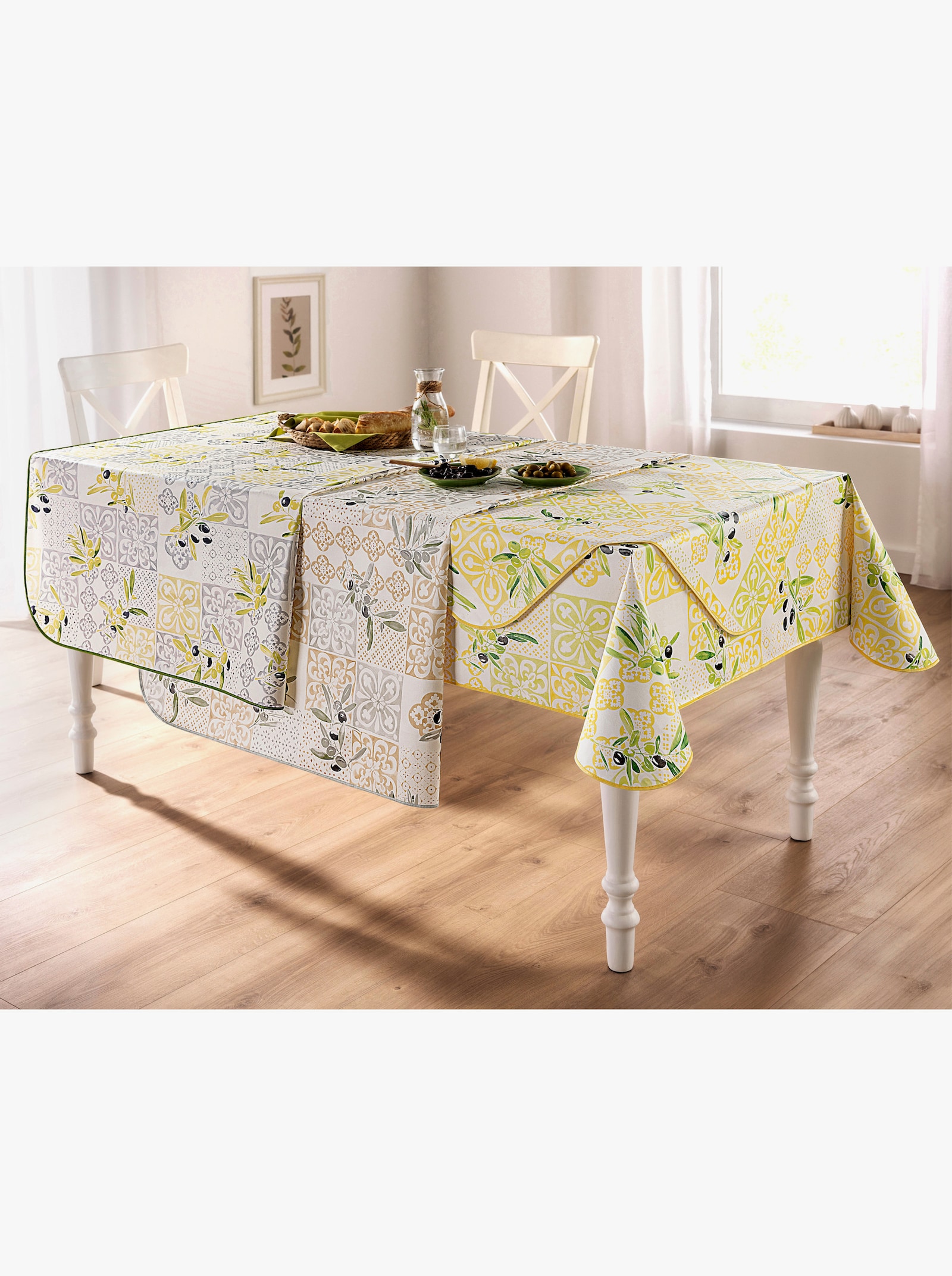Tischdecke - hellgrau-oliv-bedruckt