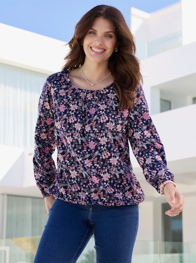 Schlupfbluse mit Raffung am Ausschnitt - marine-rosenquarz-bedruckt