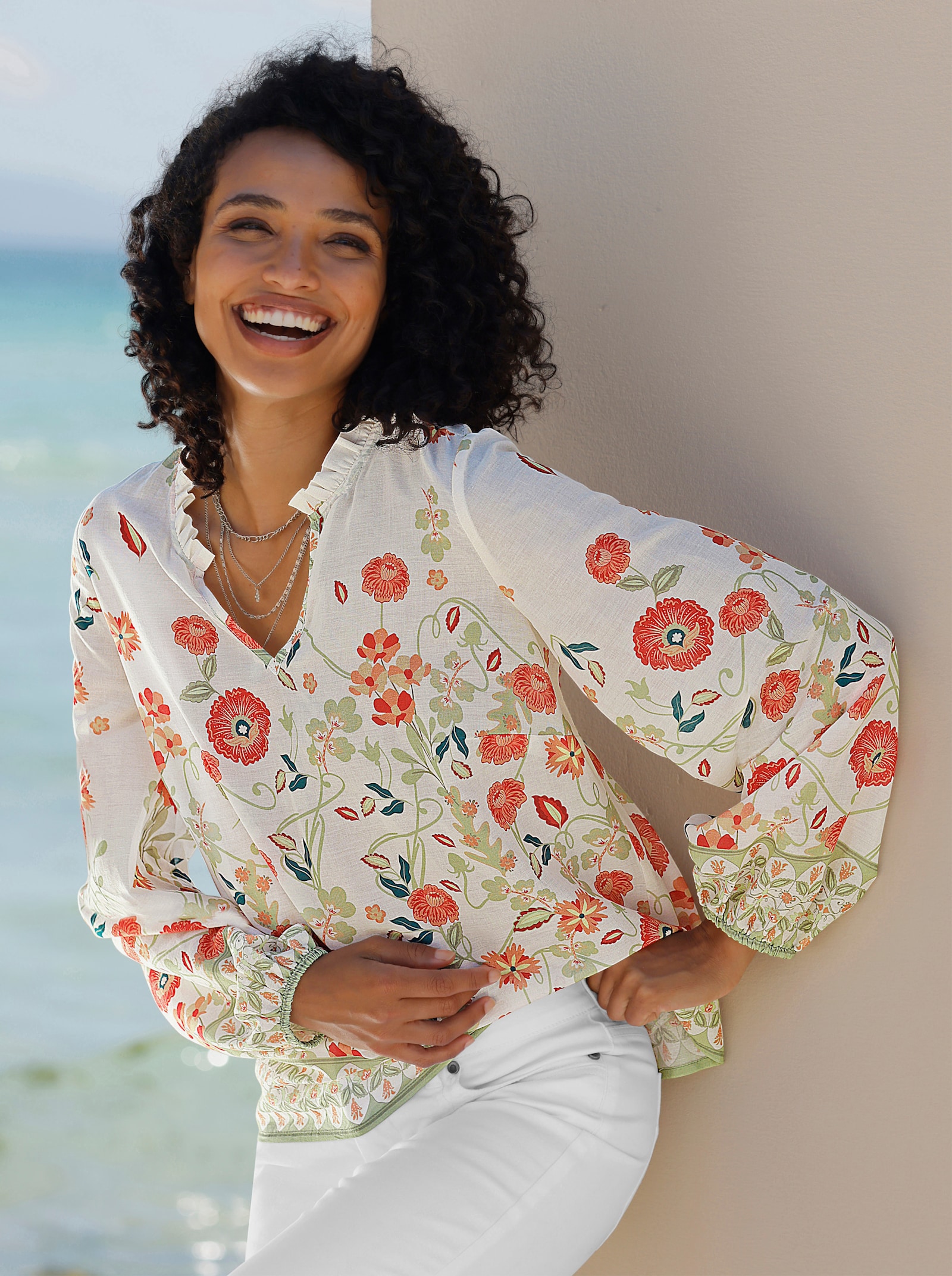 heine Blouse met print en ballonmouwen - champagne/rietgroen bedrukt