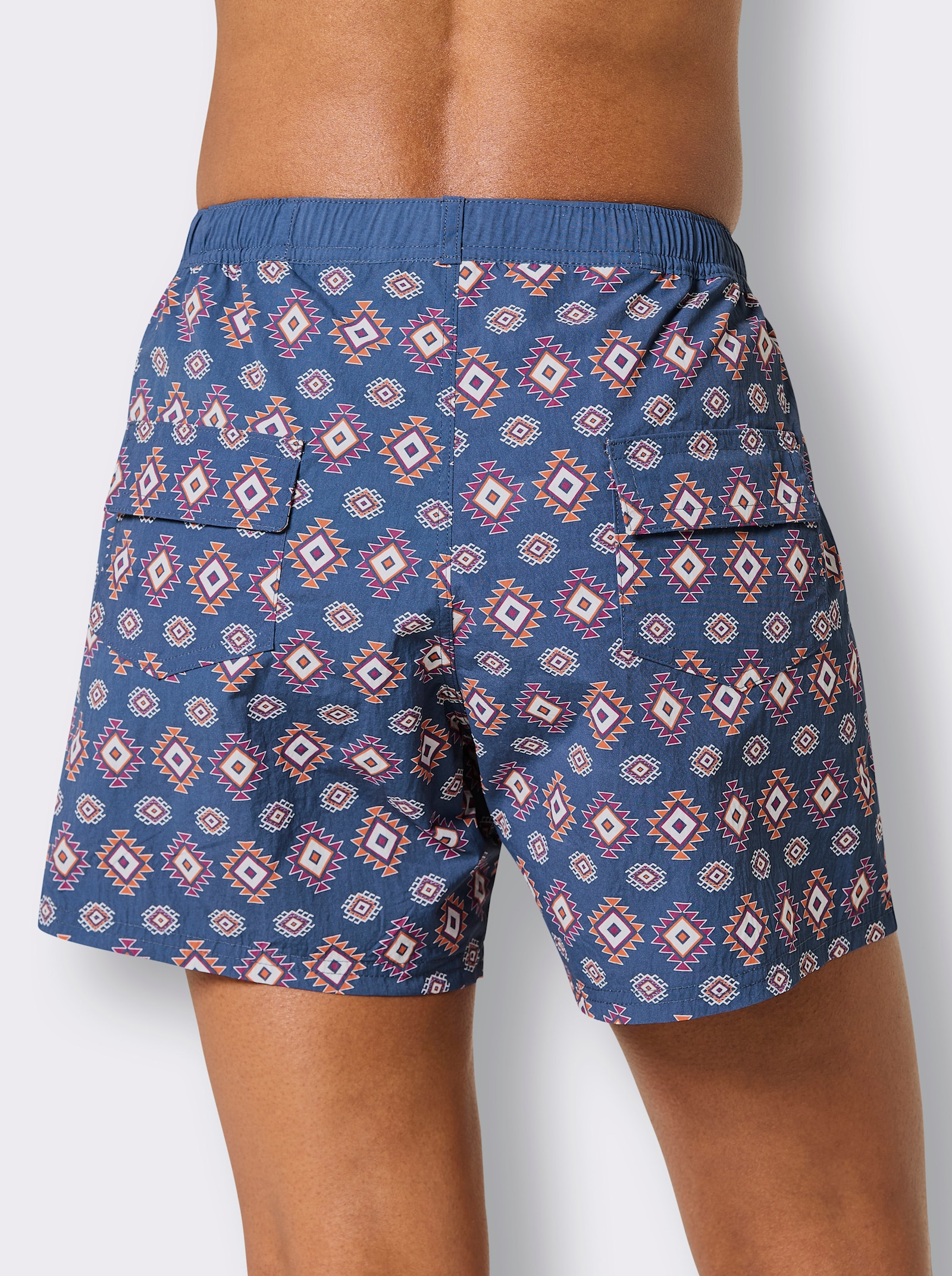 Badeshorts - jeansblau-orange-bedruckt