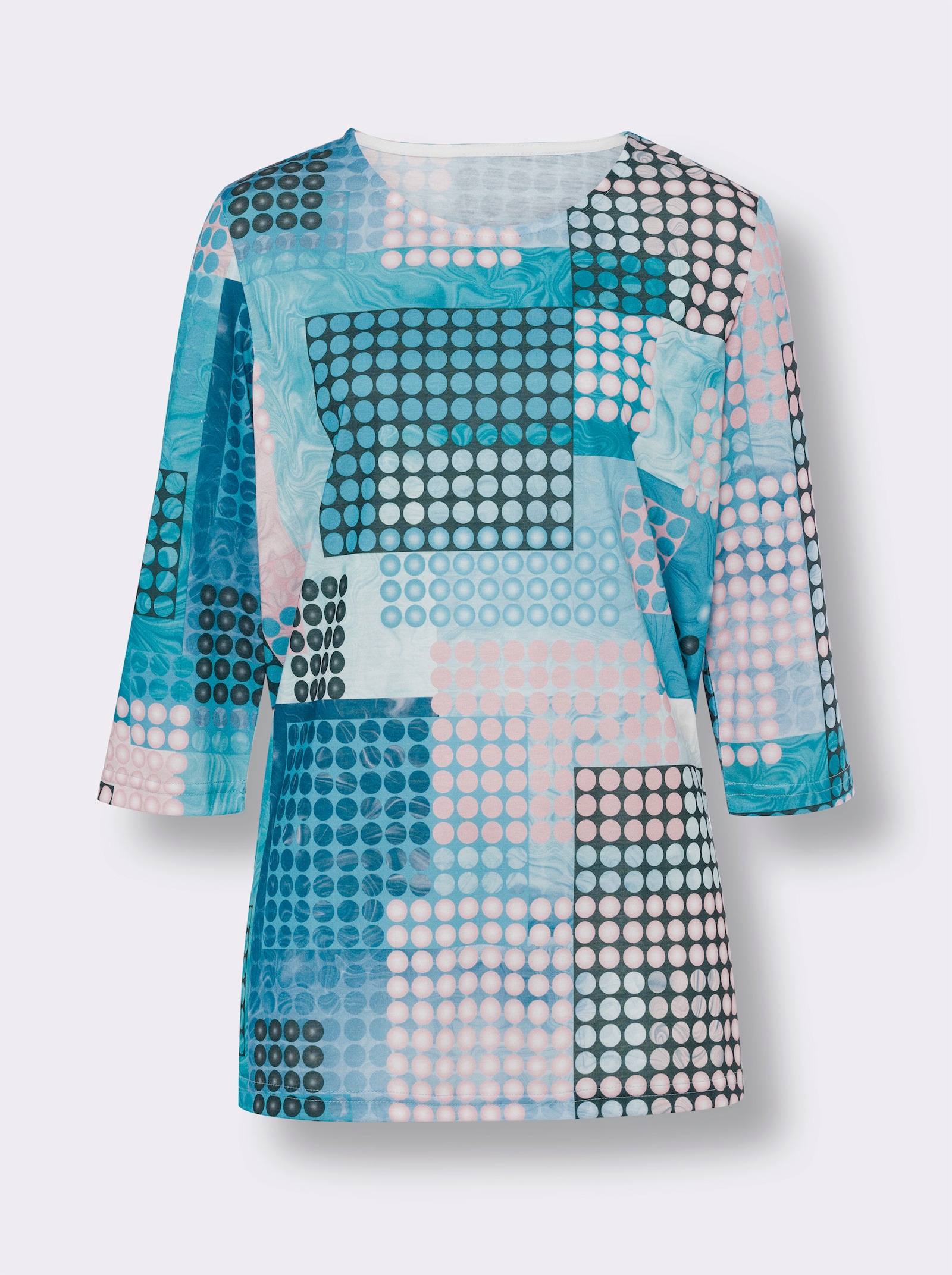 3/4-Arm-Shirt in Longform - türkis-rosenquarz-bedruckt