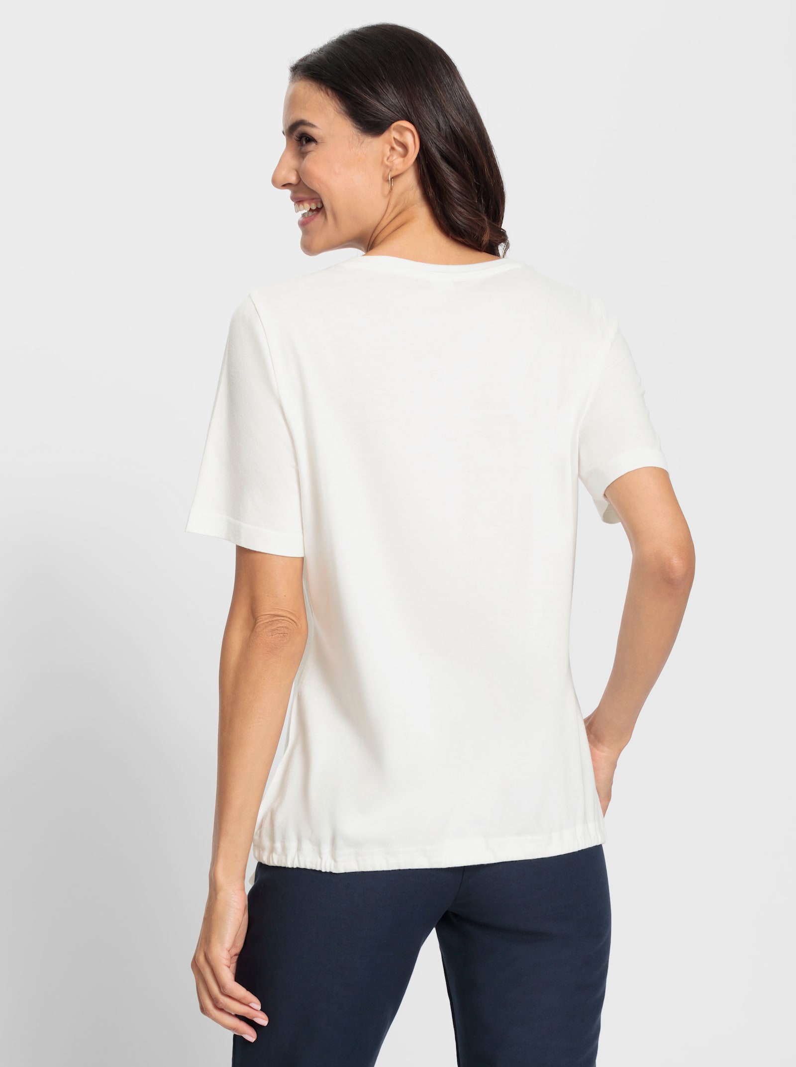 Kurzarmshirt mit weitenregulierbarem Saum - ecru-orchidee-bedruckt