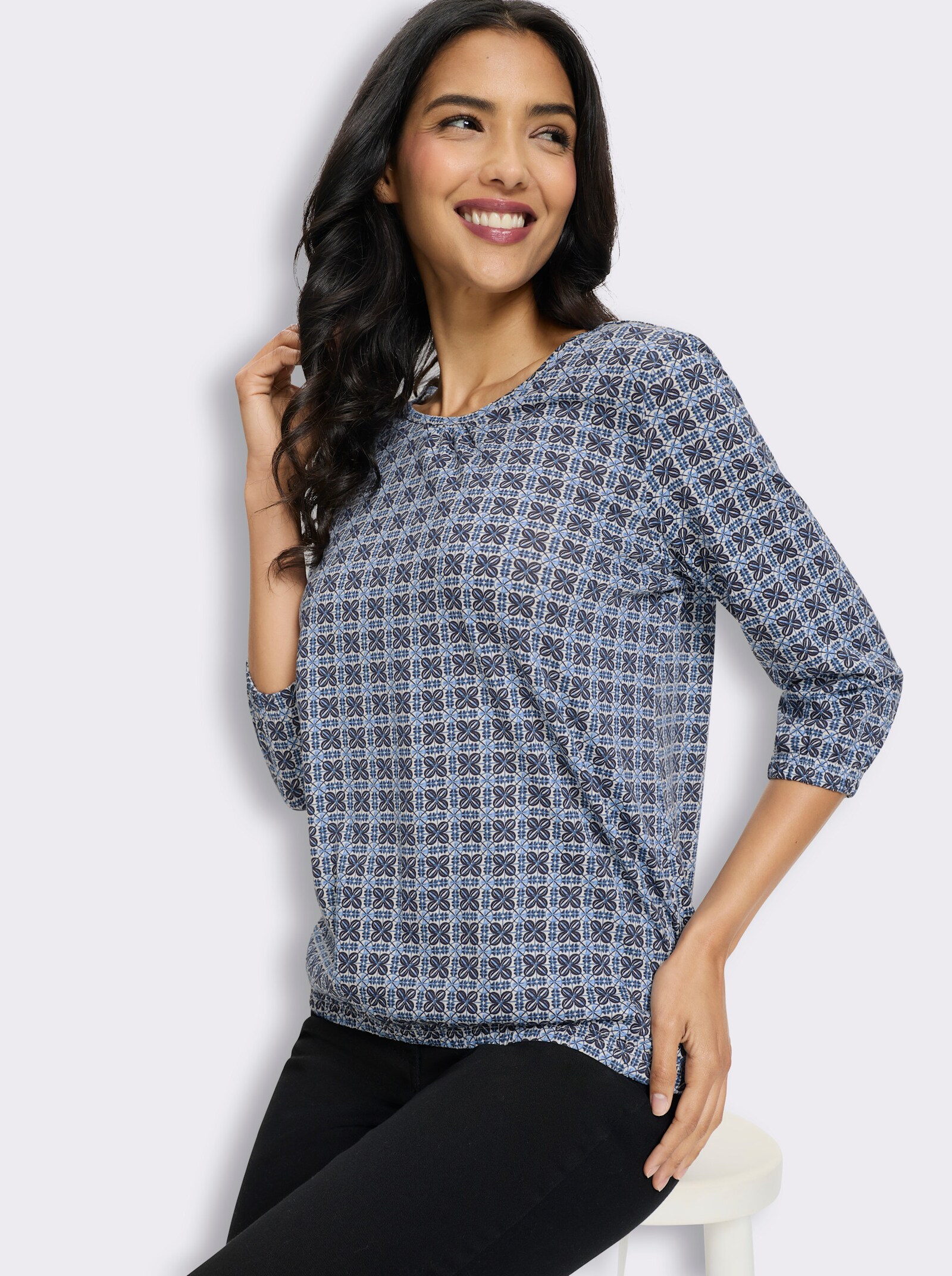 3/4-Arm-Shirt im Minimal-Druck - himmelblau-ecru-bedruckt
