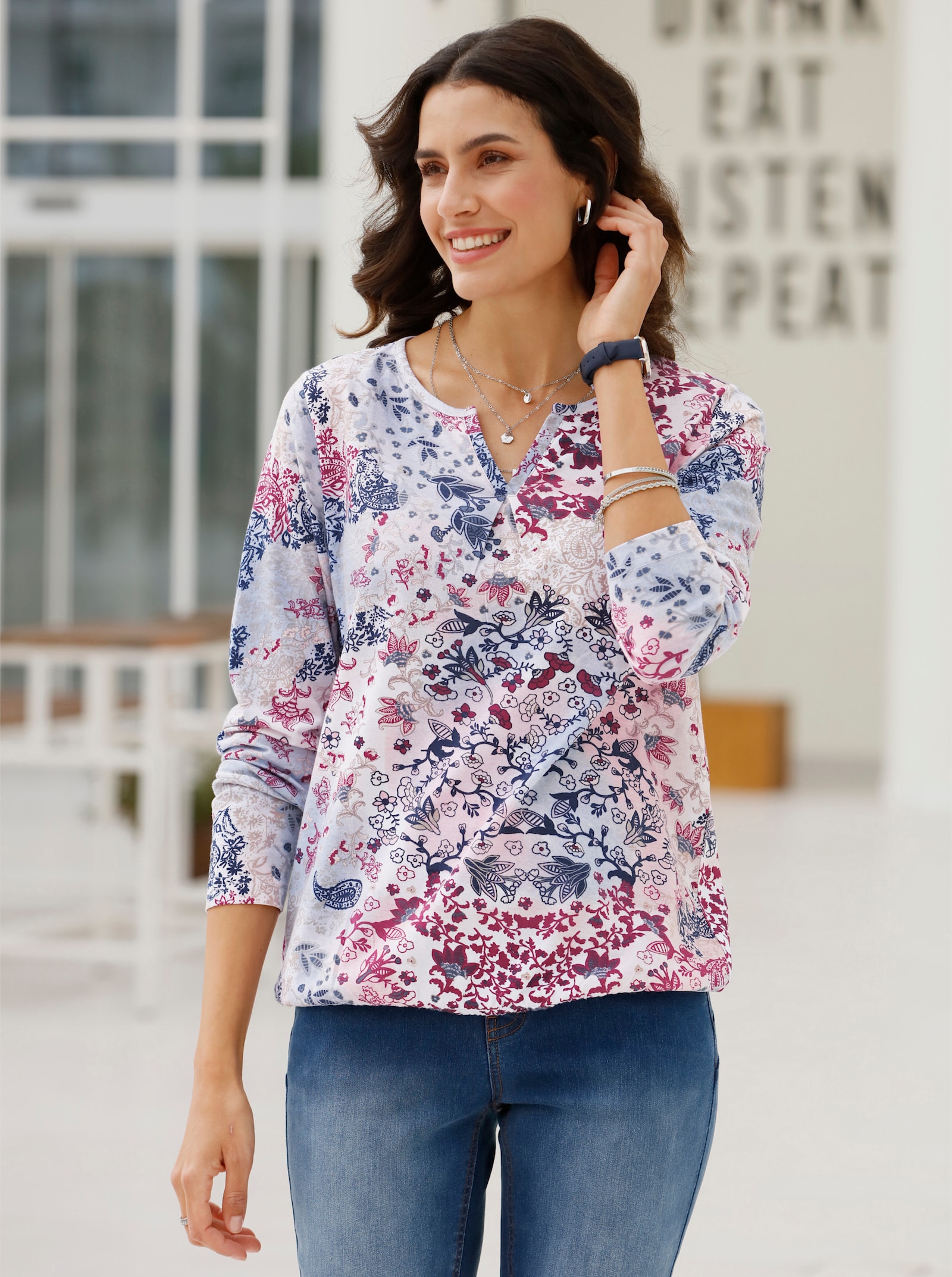 Print-Shirt mit elastischem Bund - rauchblau-rosenquarz-bedruckt