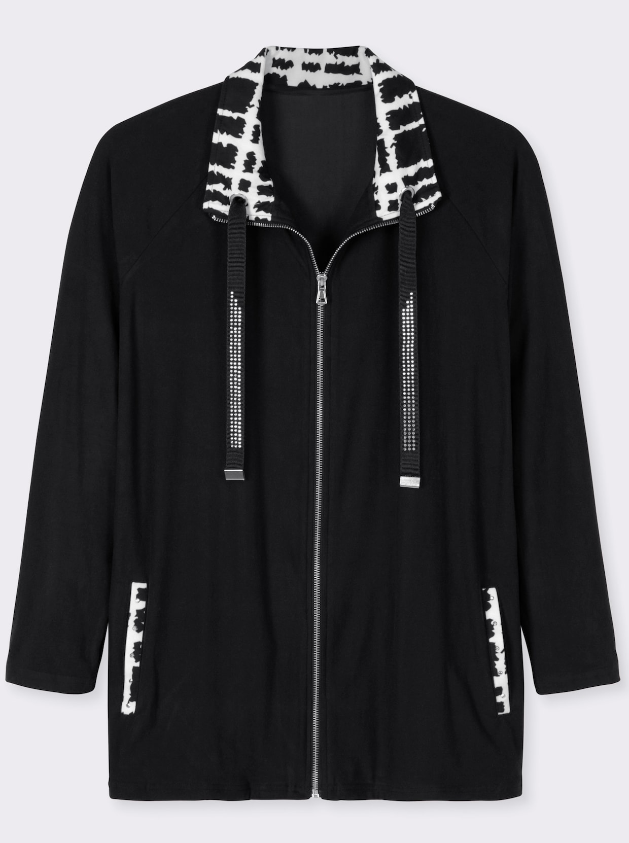 Shirtjacke mit Glitzersteinchen - schwarz-ecru-gemustert