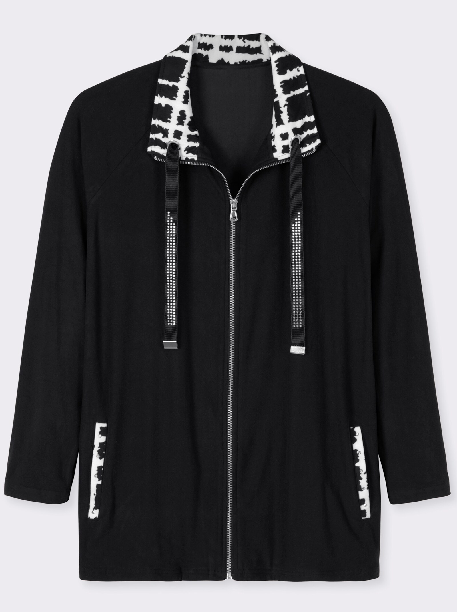 Shirtjacke mit Glitzersteinchen - schwarz-ecru-gemustert