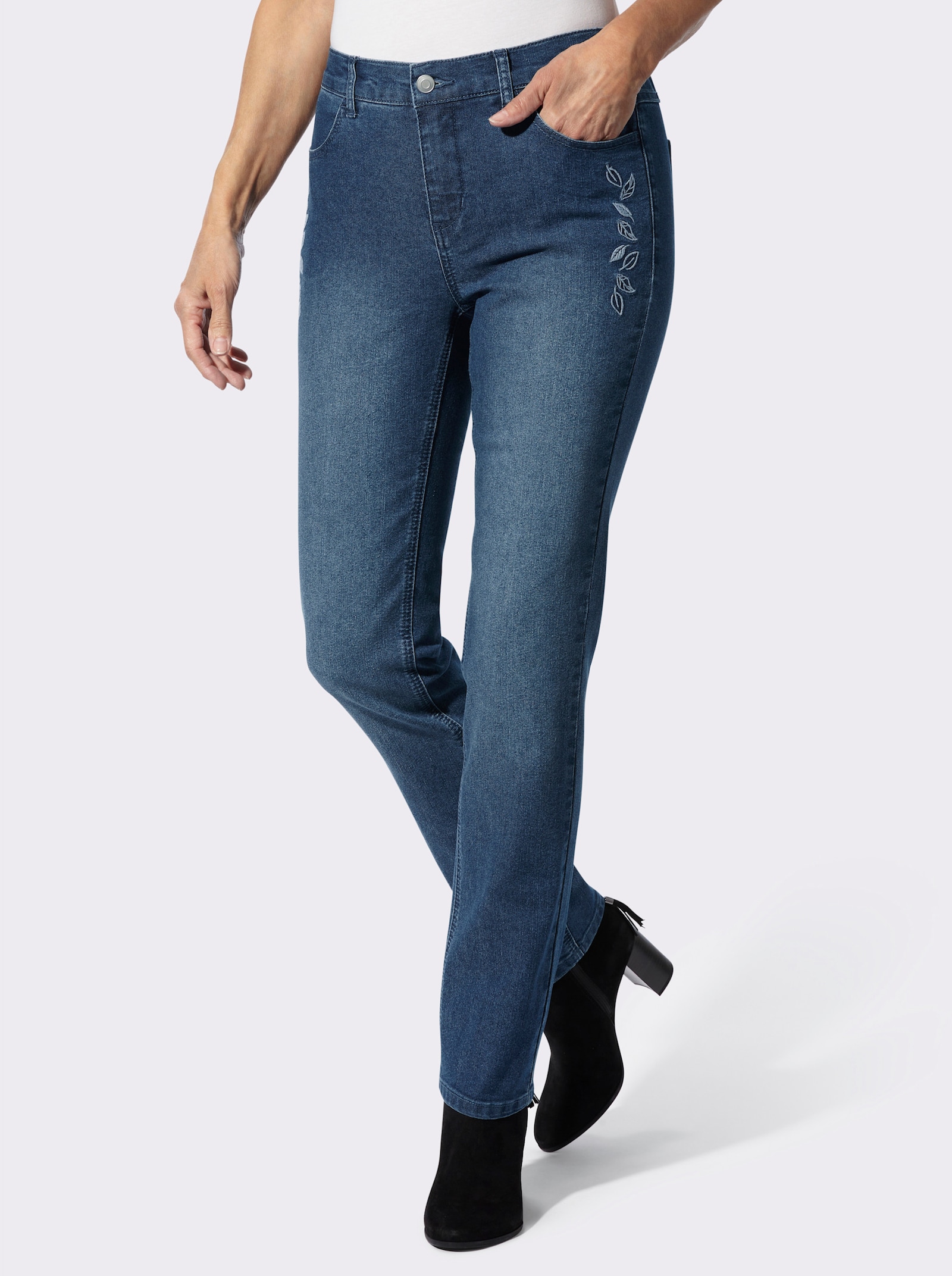 Stretch-Jeans mit ton-in-ton-farbener Stickerei - blue-stone-washed
