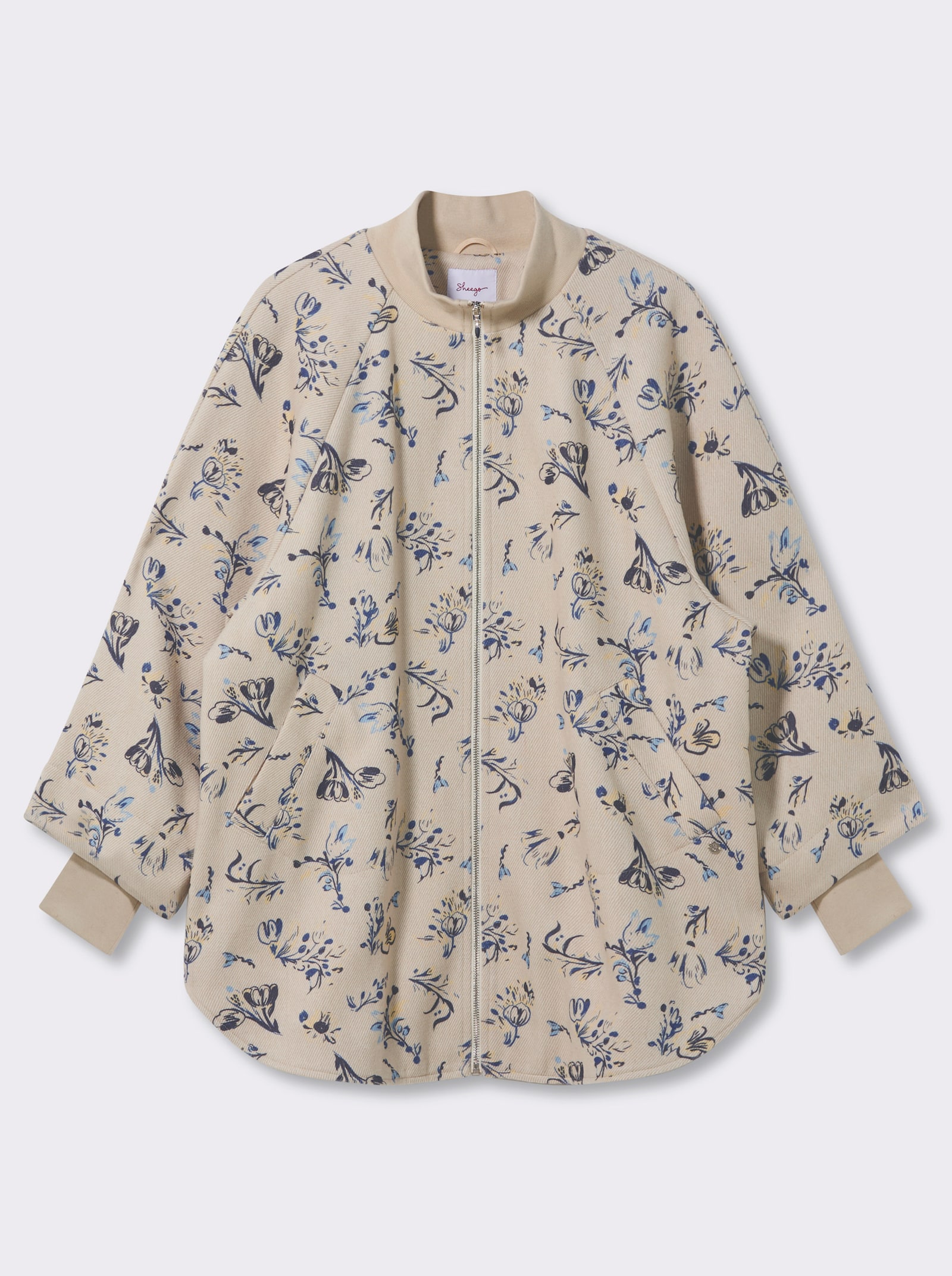sheego Cape mit Blütenprint und Rippbündchen - champagner-rauchblau-gemustert