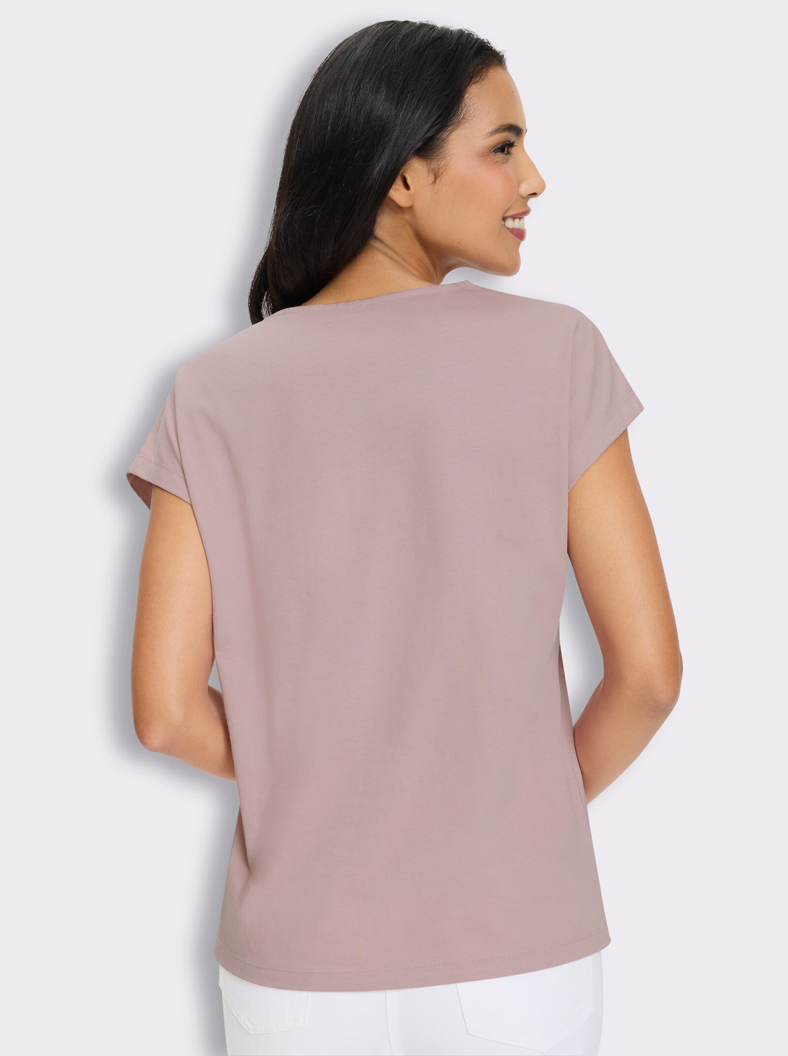 Kurzarmshirt mit Spitze am V-Ausschnitt - mauve