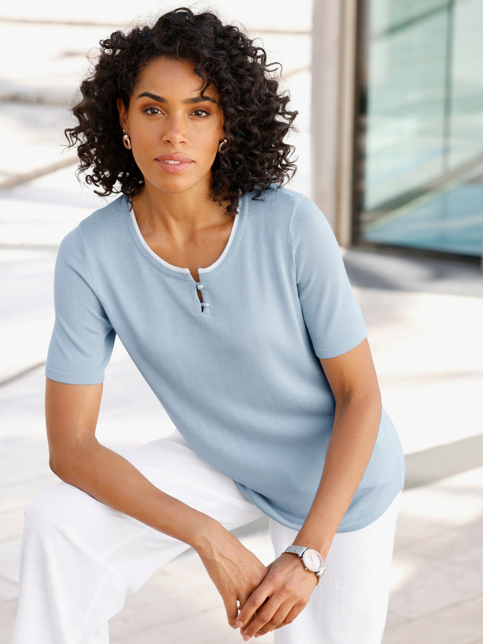 Pulóver, kr.rukávy, kontr. detaily - Ľadová modrá-biela