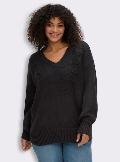 sheego V-Ausschnitt-Pullover mit Blumen-Kordelstickereien - schwarz