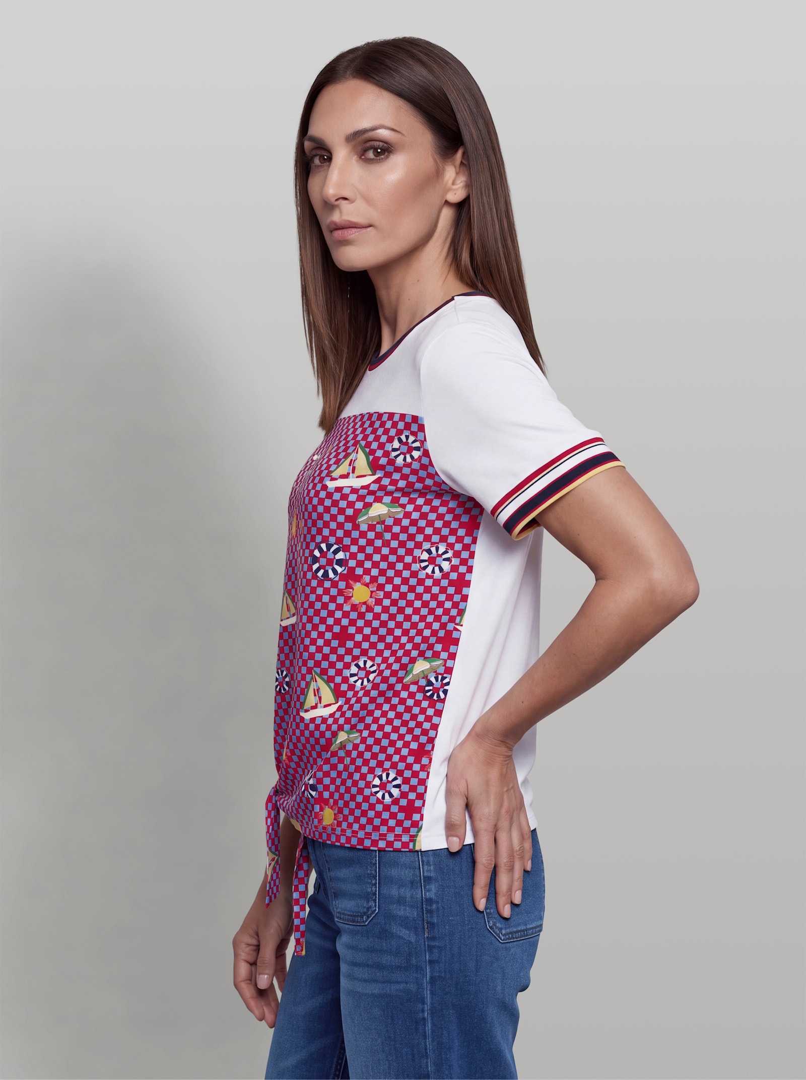 heine Kurzarmshirt mit Knoten-Detail - weiß-erdbeere-bedruckt