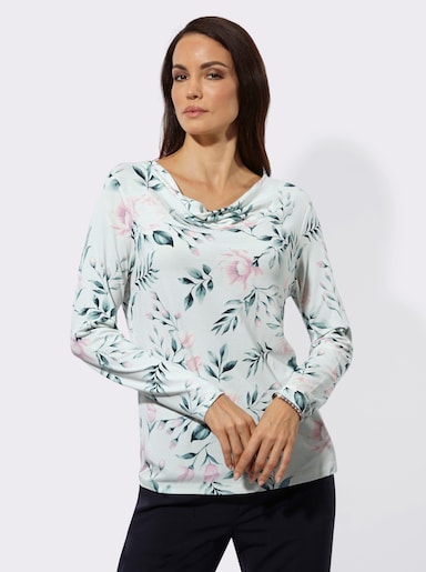 Langarmshirt mit Wasserfall-Ausschnitt - kalkmint-aquapetrol-bedruckt