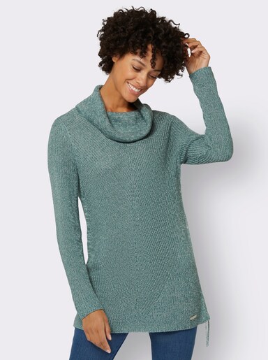 Longpullover mit Kordeldurchzug am Saum - jade-ecru-meliert