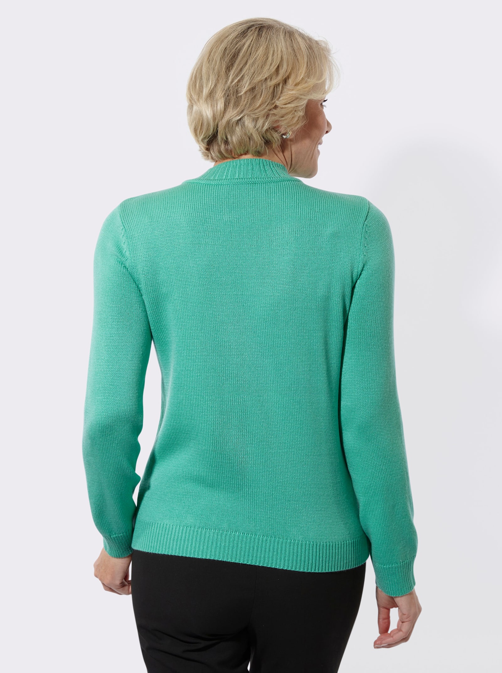 Stehkragenpullover mit Ajourmuster und Glitzersteinchen - blaugrün