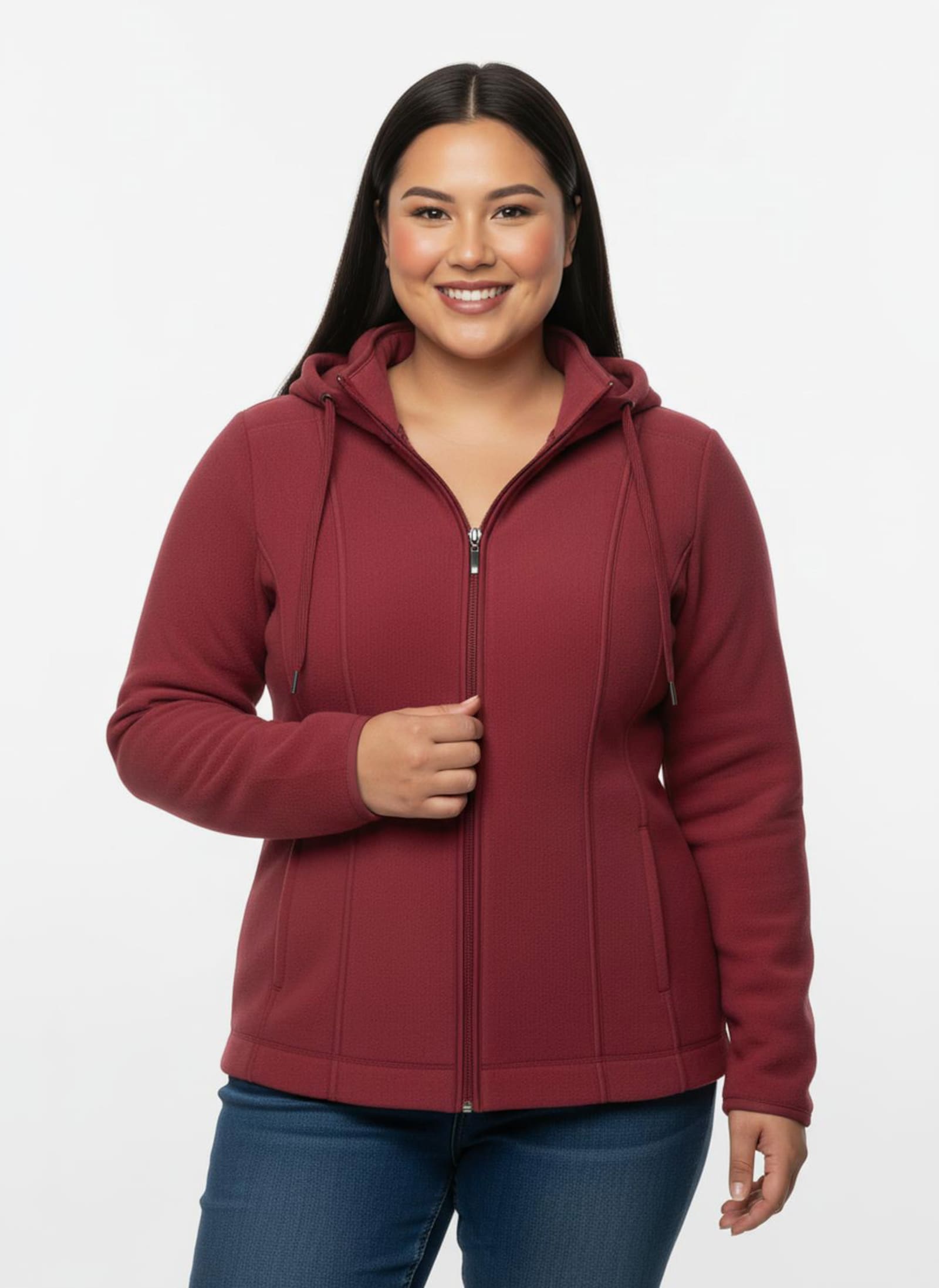 Fleecejacke mit abnehmbarer Kapuze - kirschrot